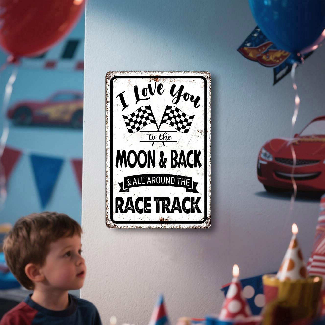 Race Car Room Decor For Boys Bedroom Racing Car Wall Decor - I Love You To The Moon And Back All Around The Race Track Sign, Home Wall Art Metal Signs Vintage Cars Birthday Party Decorations 8x12 Inch