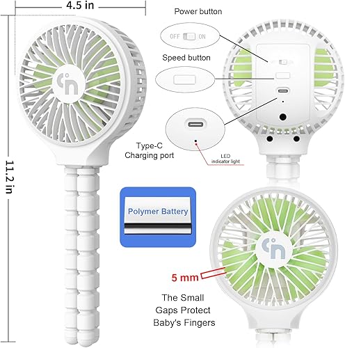 Vista 15 de WiHoo - Ventilador portátil para cochecito de mano, ventilador de bebé portátil con trípode flexible para cochecito/cama de estudiante/bicicleta