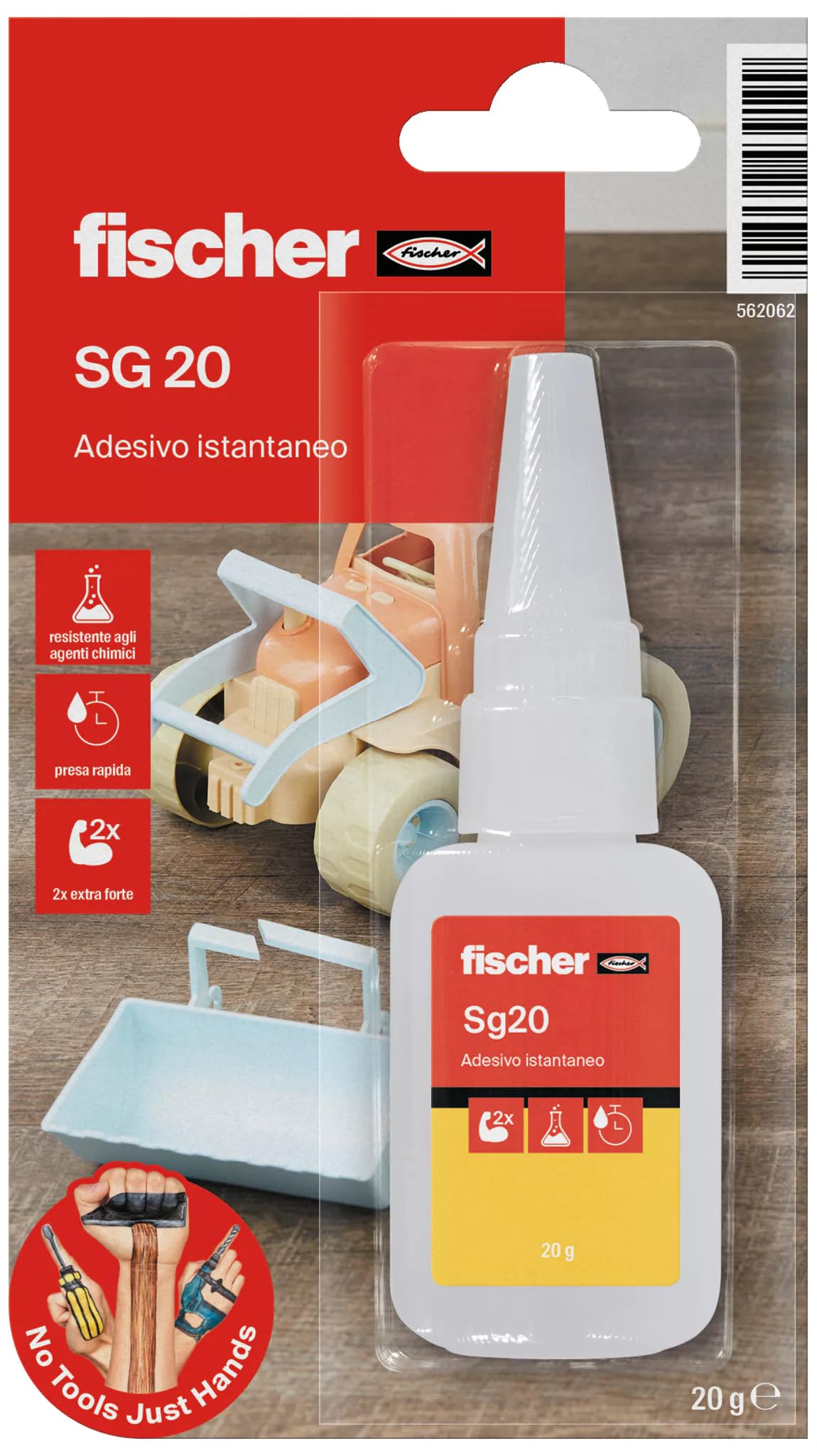 Fischer Adesivo Istantaneo SG 20 gr, Cianoacrilato, Super Colla Ultrarapida Attaccatutto - Non si Occlude la Punta - per Gomma, Plastica, Pelle, Legno, Ceramica
