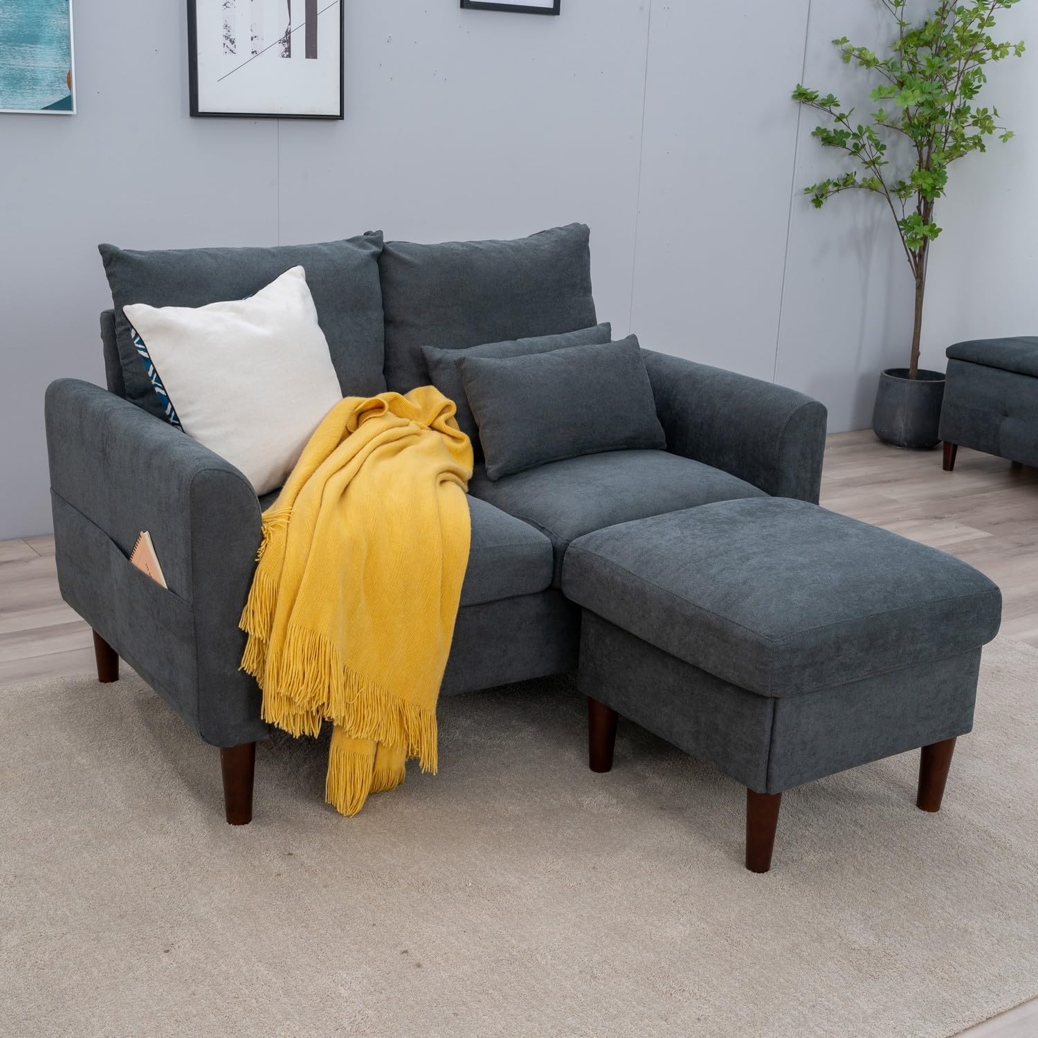 Panana 54.5" Small Loveseat Couch Sofa, Fabric Upholstered 2-Seat Sofa, Love Seat Furniture with Wood Leg for Small Space, Living Room, Apartment (Gray Linen, Curved Arm-2 Seater with Ottoman)