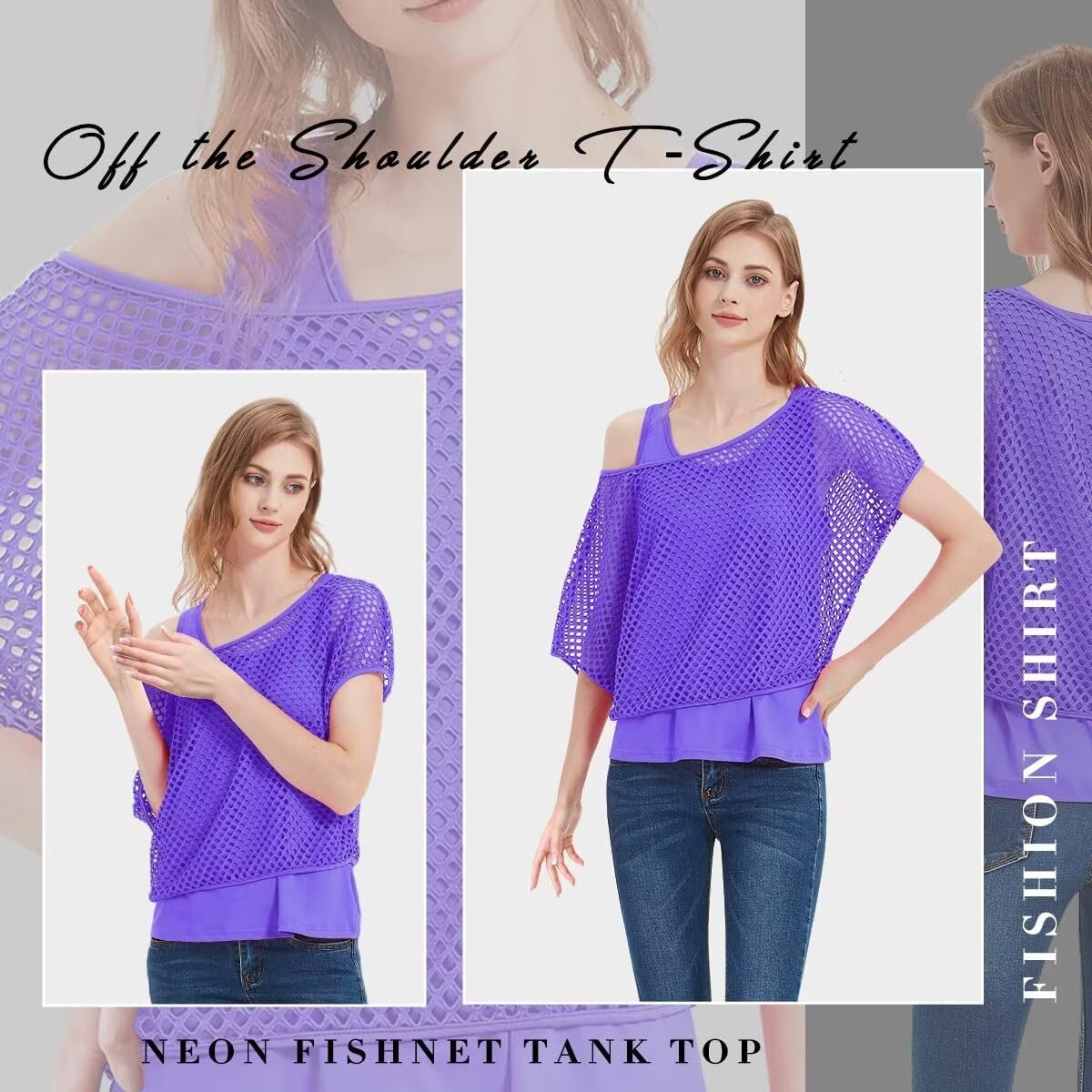 WILDPARTY Women Casual Sexy 80s Costumes Fishnet Neon Off Shoulder T-Shirt Two Pieces - Image 3