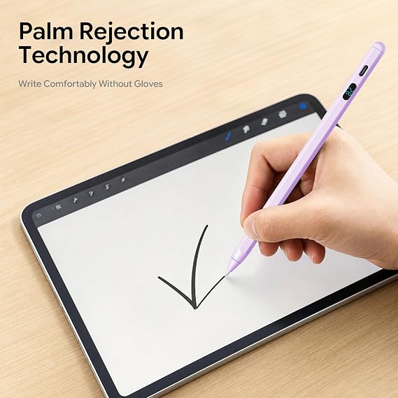 LED Battery Display Stylus Pen, Fast Charging Active Digital Pencil for iPad iPhone Samsung Android Tablets, Low Latency & Tilt Sensitivity for Note Taking/Drawing, No Bluetooth Needed (Purple)