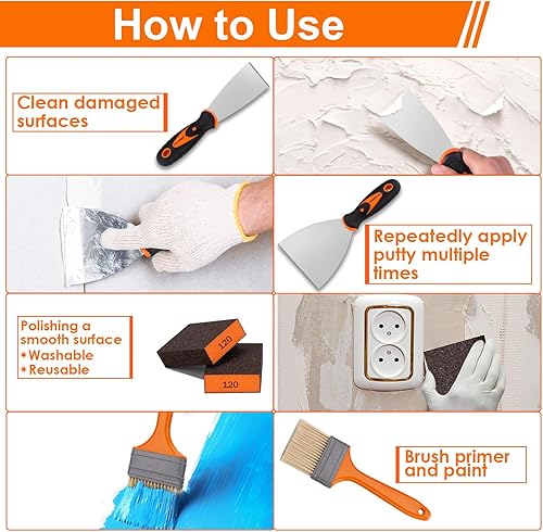 Vista 16 de THINKWORK Juego de cuchillos para paneles de yeso, 10 herramientas para paneles de yeso que incluyen juego de cuchillos de masilla de acero