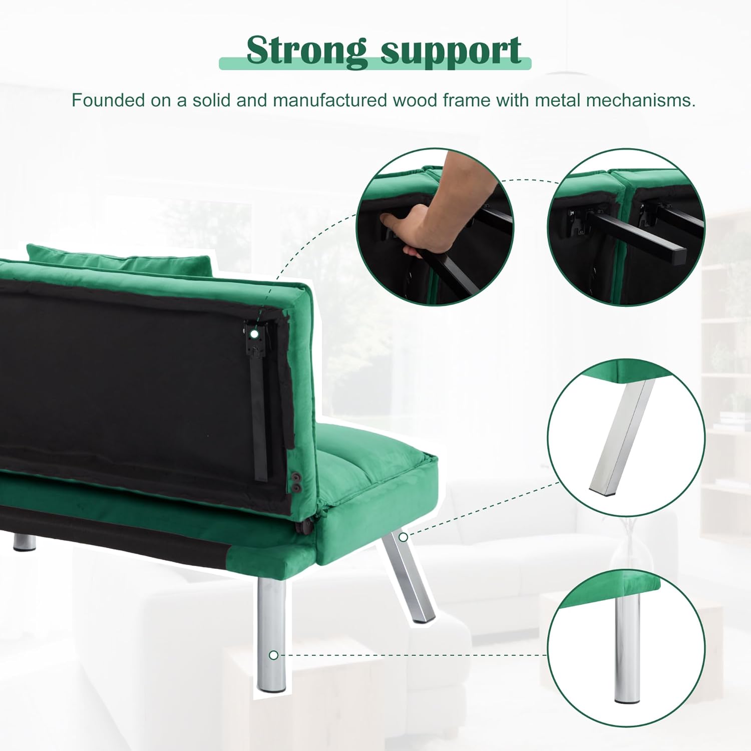 Modern Velvet Futon Sofa Bed,Convertible Sleeper Loveseat with 4 Folding Backrest,78" Comfy Deep Seat Cloud Couch Bed for Living Room Apartment Office (Green)