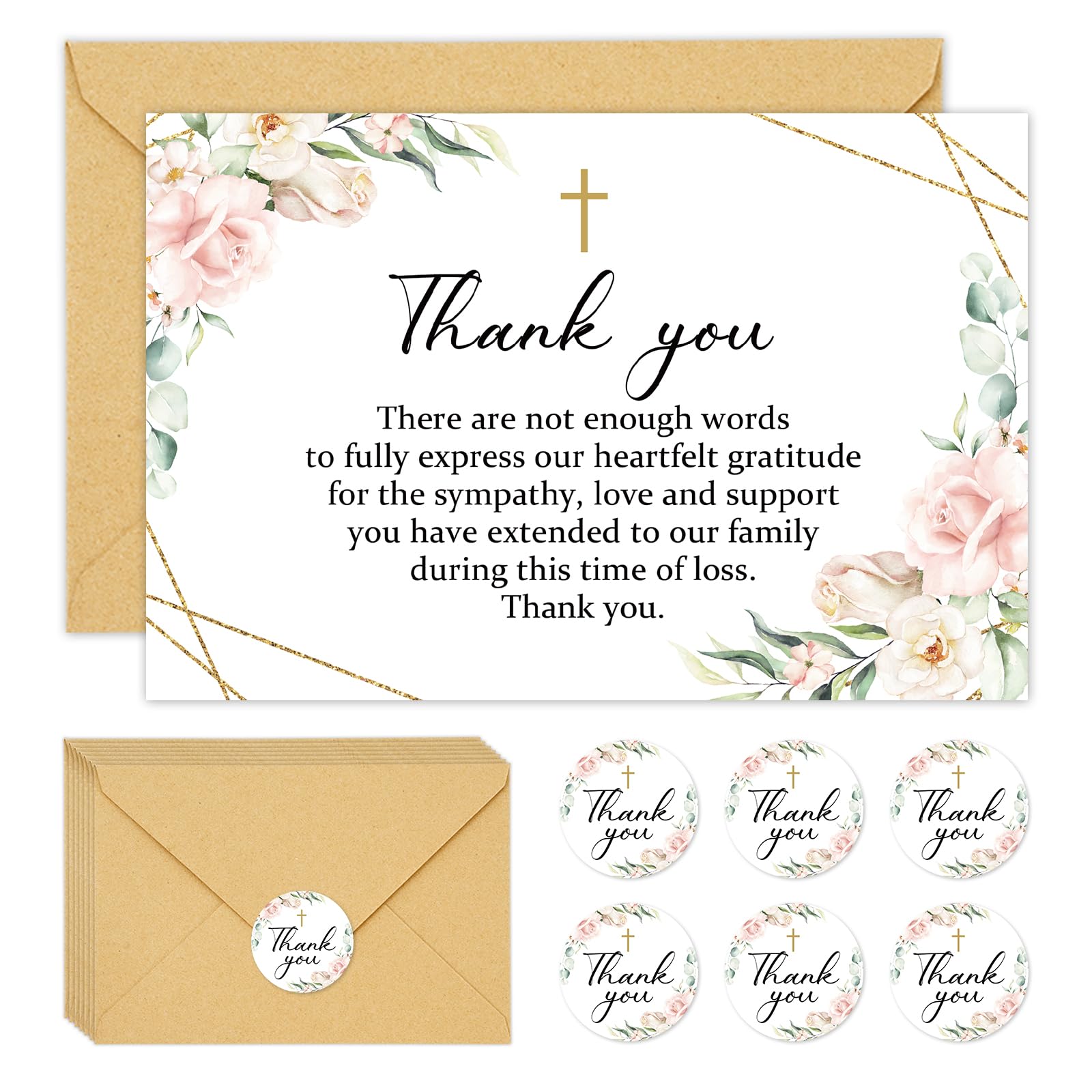 Whaline 24Pcs Funeral Thank You Card Pink Flower Sympathy Thank You Card with Sticker Envelope Floral Bereavement Cards for Memorial Service Loved