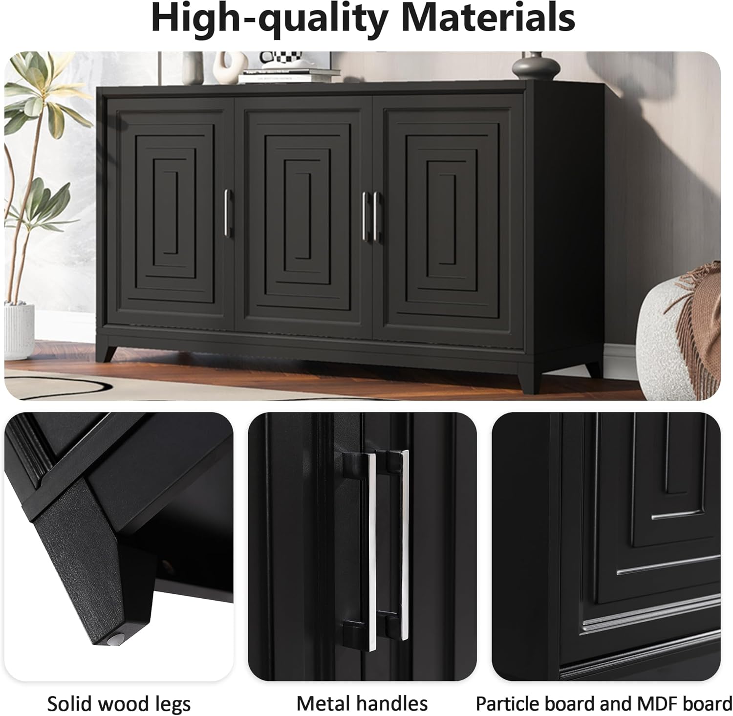 TV Stand for up to 65 Inch TV, Modern Entertainment Center with 2 Storage Cabinets and Solid Wood Legs, Media Console Table for Living Room (Black+MDF+50-59inches)