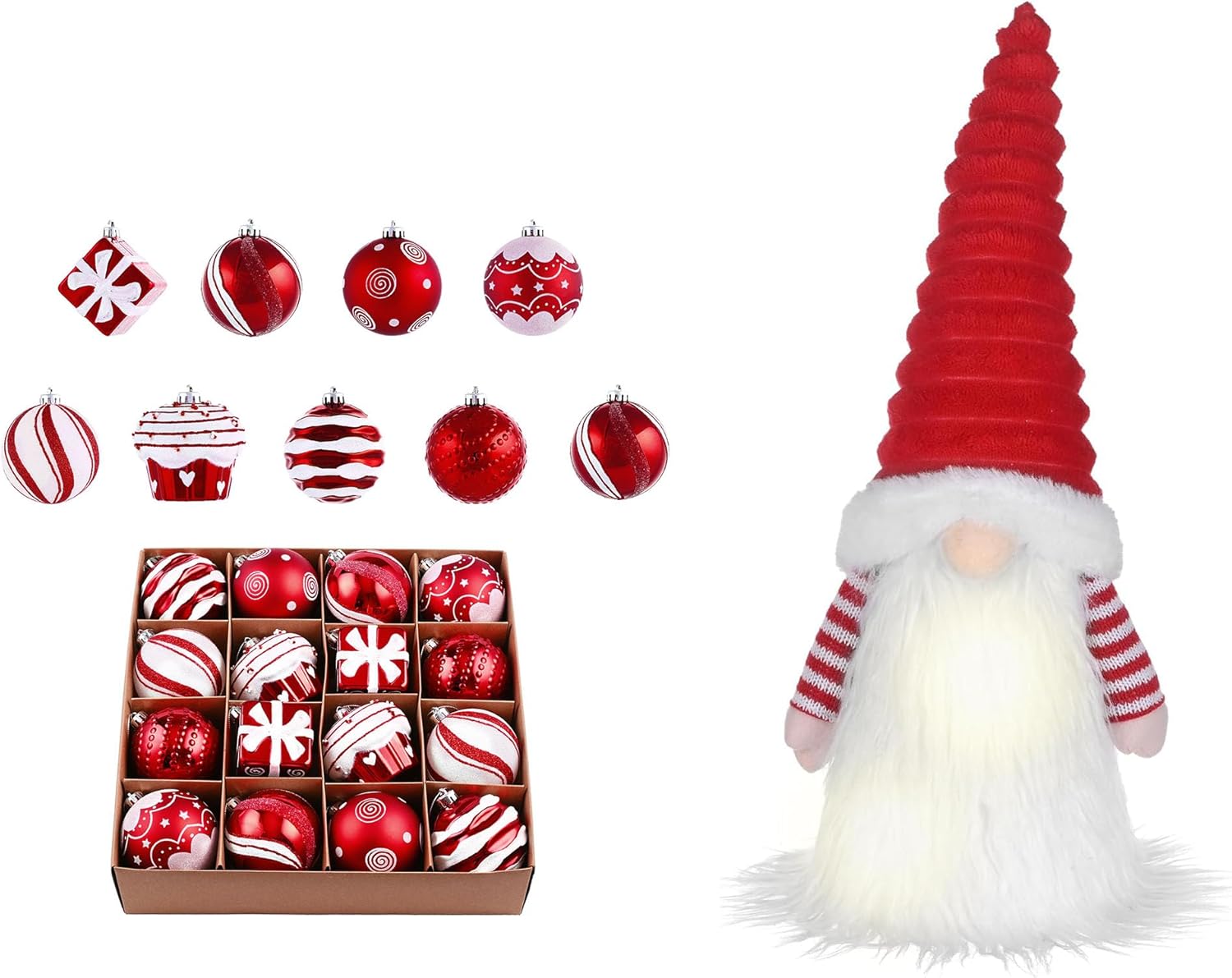 Valery Madelyn Christmas Tree Ornaments Set, 16ct Candy Cane Red and White Shatterproof Christmas Tree Decorations&Christmas Gnome Tree Topper with Timer(2 Items Buddle)