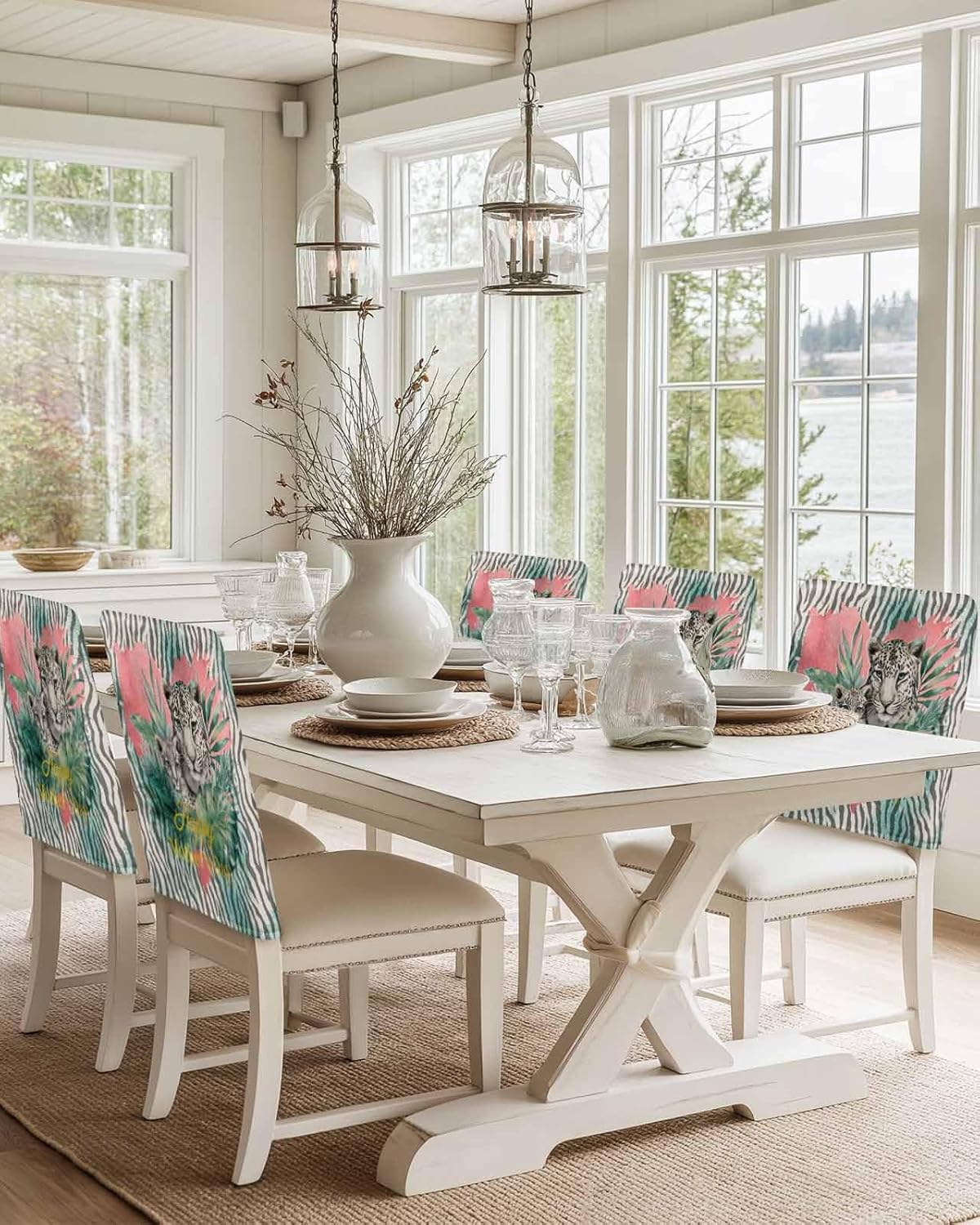 Chair Back Covers for Dining Room, Happy Mother's Day Linen Polyester Back Chairs Protector, Leopards Teal Abstract Art 8 Pcs Scratchproof Chair Covers for Party, 20 x 19 Inches