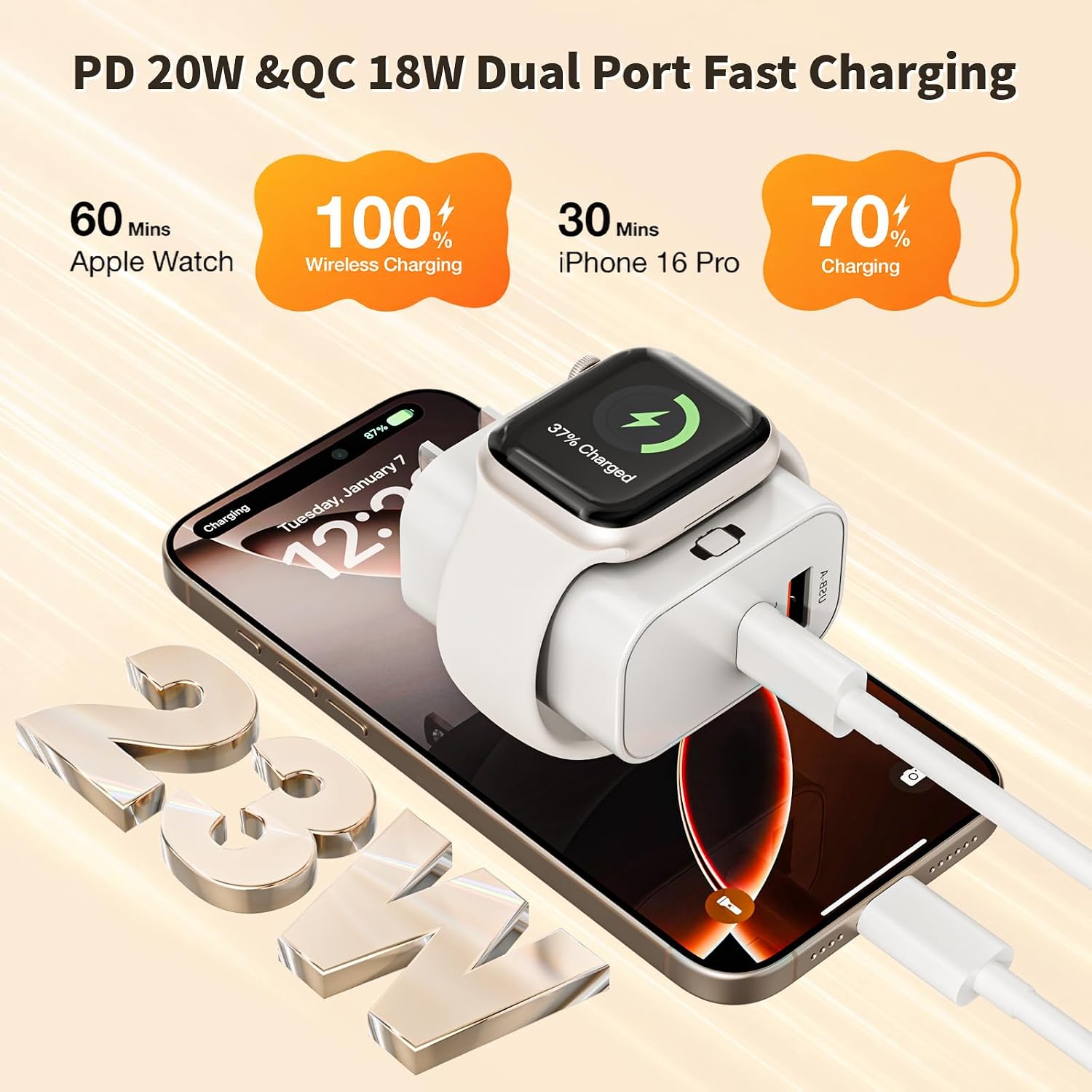 3-in-1 Charging Blocks for Apple Watch,23W Dual Port Compact Charger Block