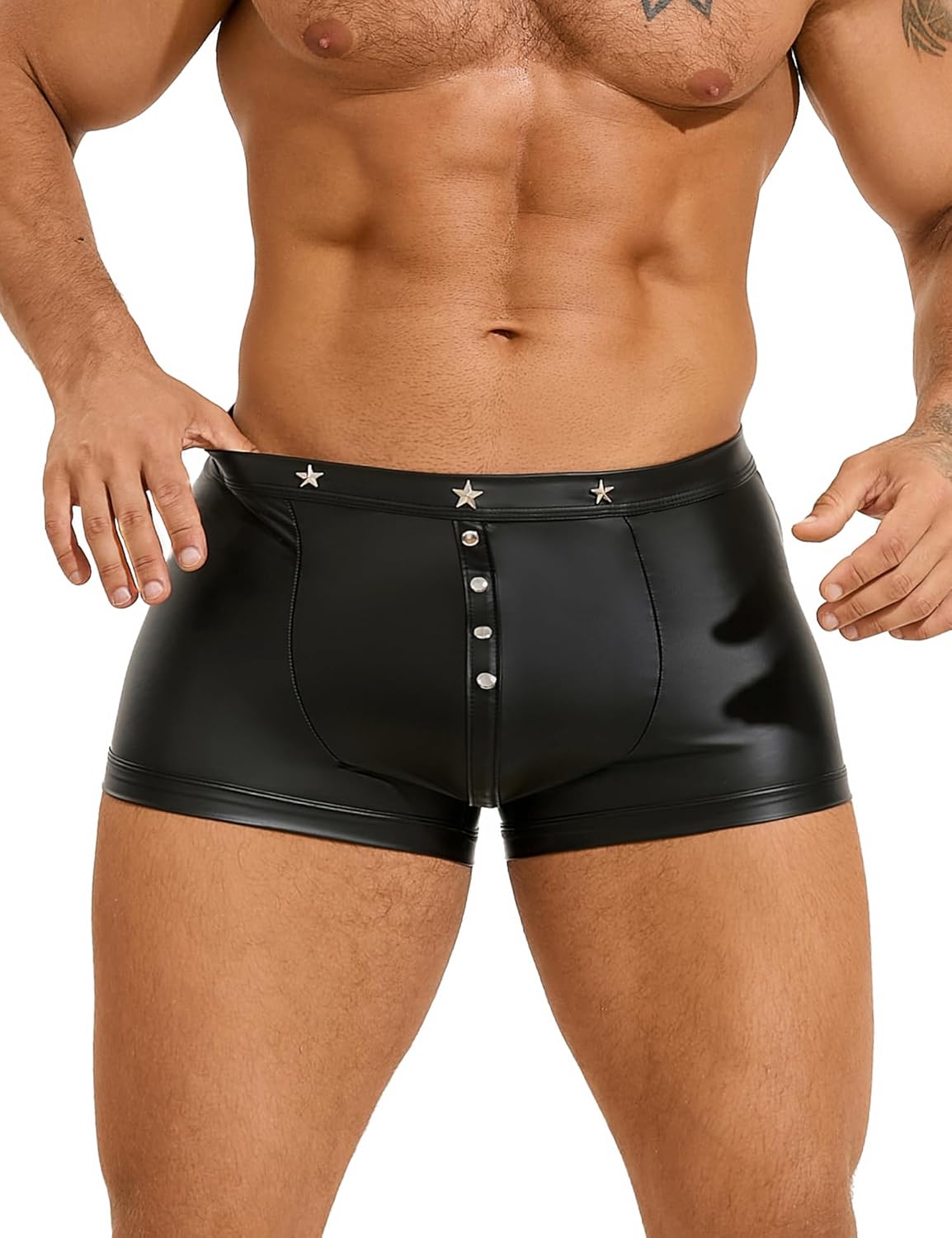 ohyeahlady Mens Punk Boxer Shorts PU Faux Leather Pouch Trunks Underwear Rivet Trim Sexy Lingerie for Men Rave Shorts