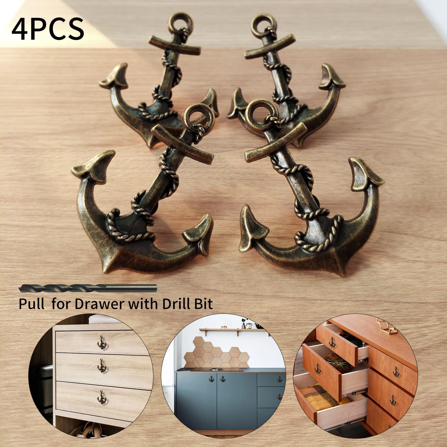 4PCS Nautical Style Zinc Alloy Vintage Anchor Design Cabinet Pulls, Antique Bronze Anchor shape Drawer Knobs for Cupboard, Dresser, Closet, Wardrobe, Sideboard, TV stand & Furniture Door (C)