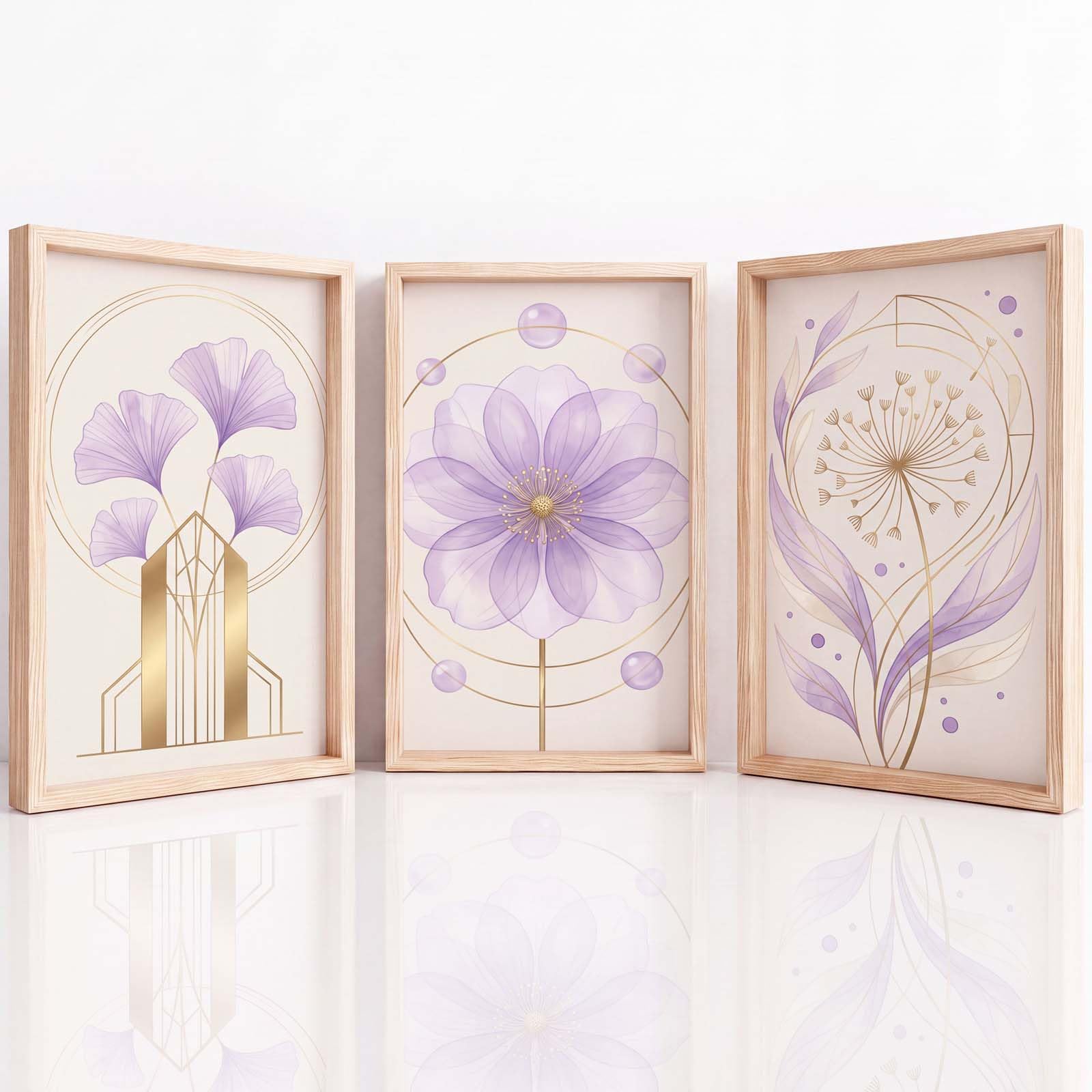 Generisch Juego de 3 lienzos para habitación infantil, niñas y niños, pósteres florales de lujo de alta calidad, impresiones artísticas de pared, impresiones doradas y moradas, sin marco (50 x 70 cm)