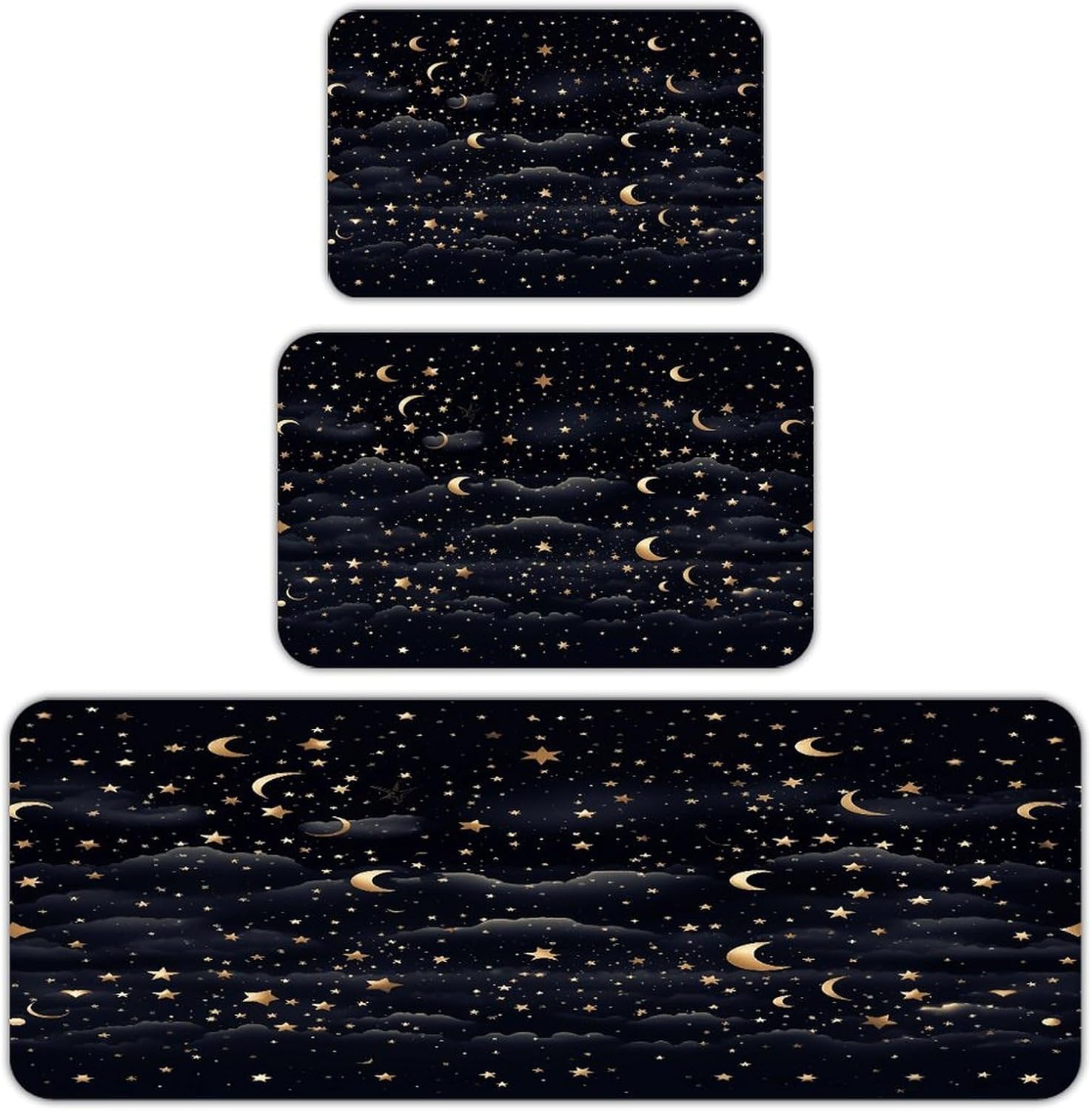 Stars and Moon on Dark Background Kitchen Rugs Sets of 3 Non Slip Kitchen Mats for Floor Farmhouse Kitchen Sink Mat Thick Comfort Standing Mat for Laundry Room Hallway Bathroom