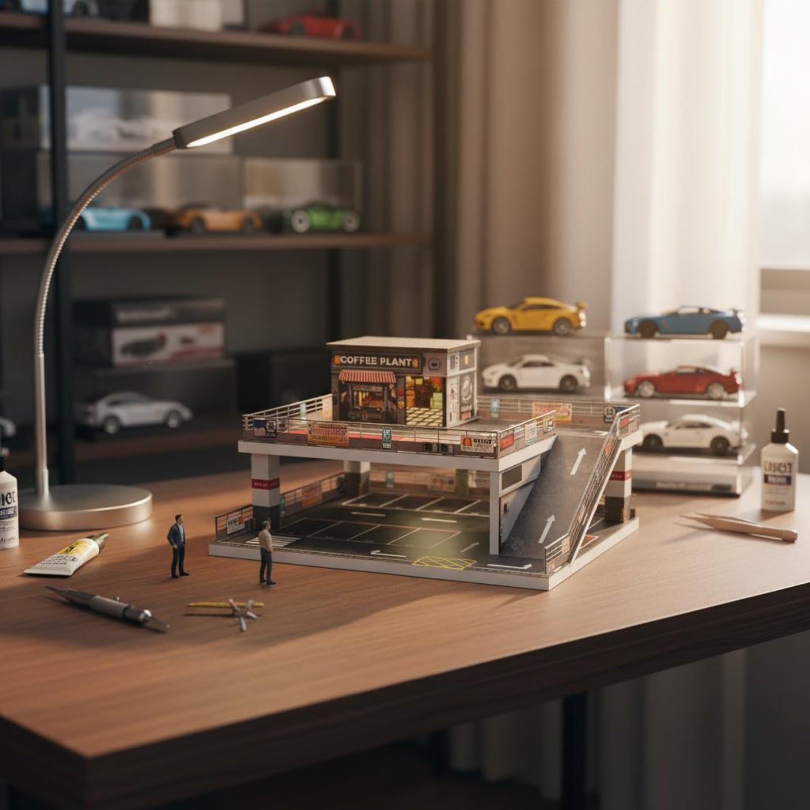 Car Display Rack Spielzeuggarage Doppelparkhaus Miniaturregal Resin Faserbrett zur Präsentation von Modellautos für Arbeitszimmer Zuhause Hobbyraum Schauvitrine, Car Wash