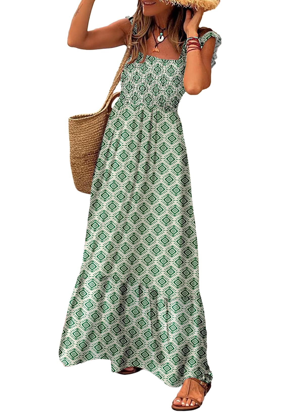 LOLONG Maxi Dress for Women Summer Boho Spaghetti Strap Square Neck Ruffle Beach Sun Dress