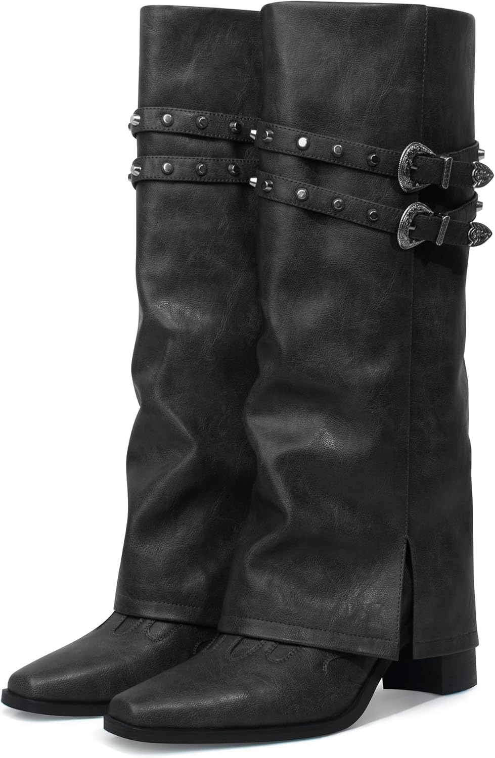 JANSEVEN Fold Over Boots for Women Overlay Knee High Boot Chunky Block Mid Heel Pull On Tall Boots Foldover Wide calf Boots