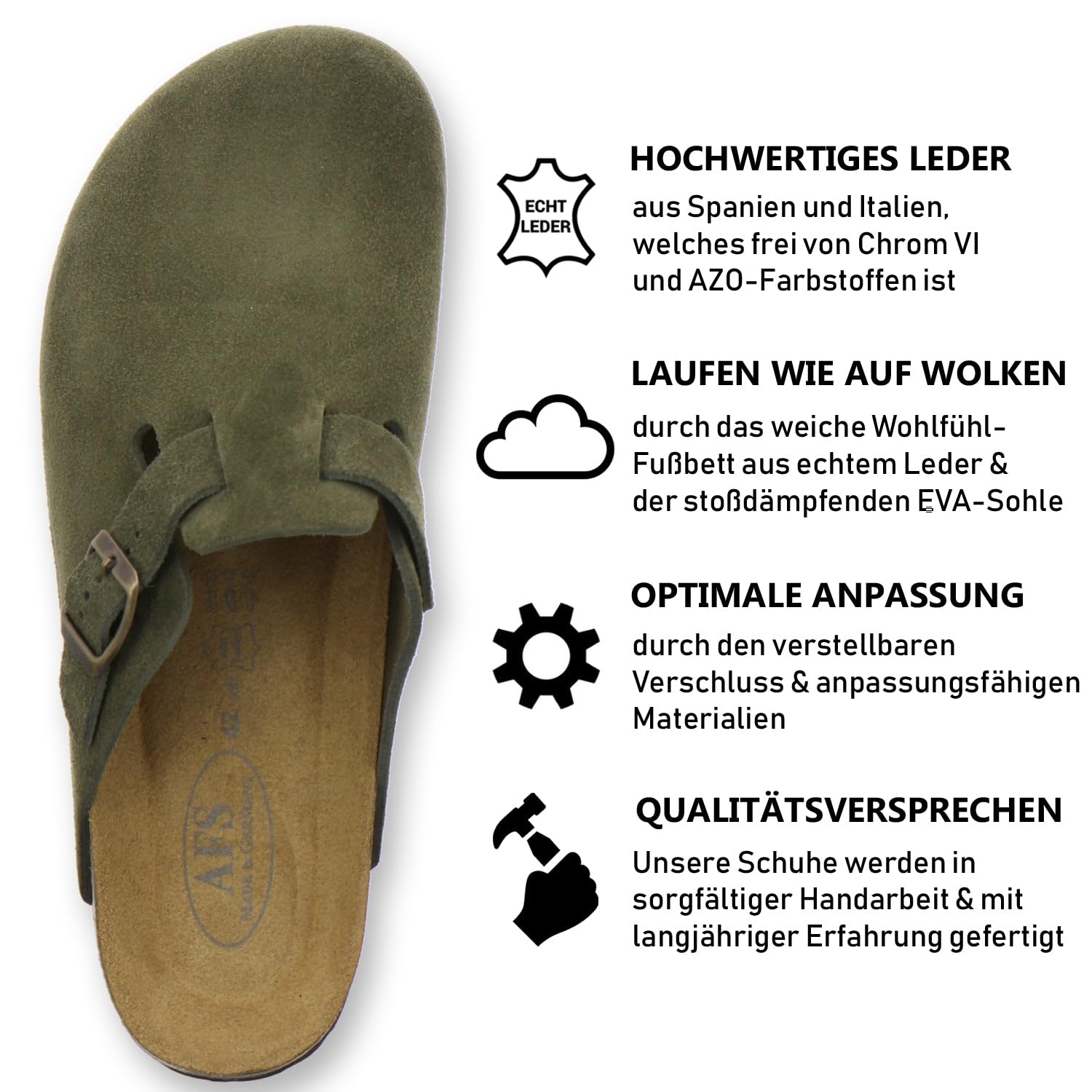 AFS-Schuhe, 3900 - Comode pantofole da uomo, in pelle, prodotte in Germania