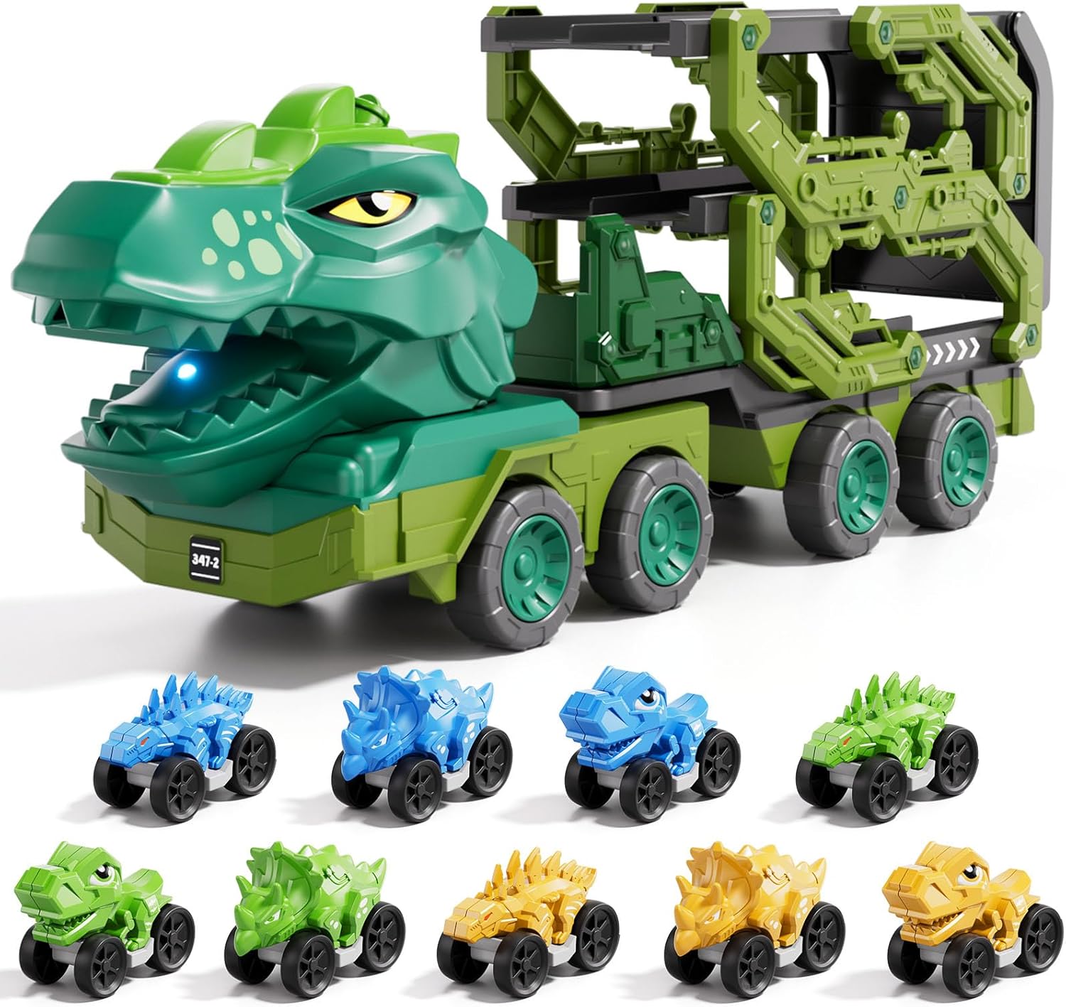 IHAHA 10 in 1 Dinosaur Truck Toys with 9 Dino Cars for Kids 3-5 Years, Dino Carrier Truck with Foldable Track, Spray, Light & Sounds, Birthday Gifts for Toddlers Boys Girls 3 4 5 6 7 8 Years Old