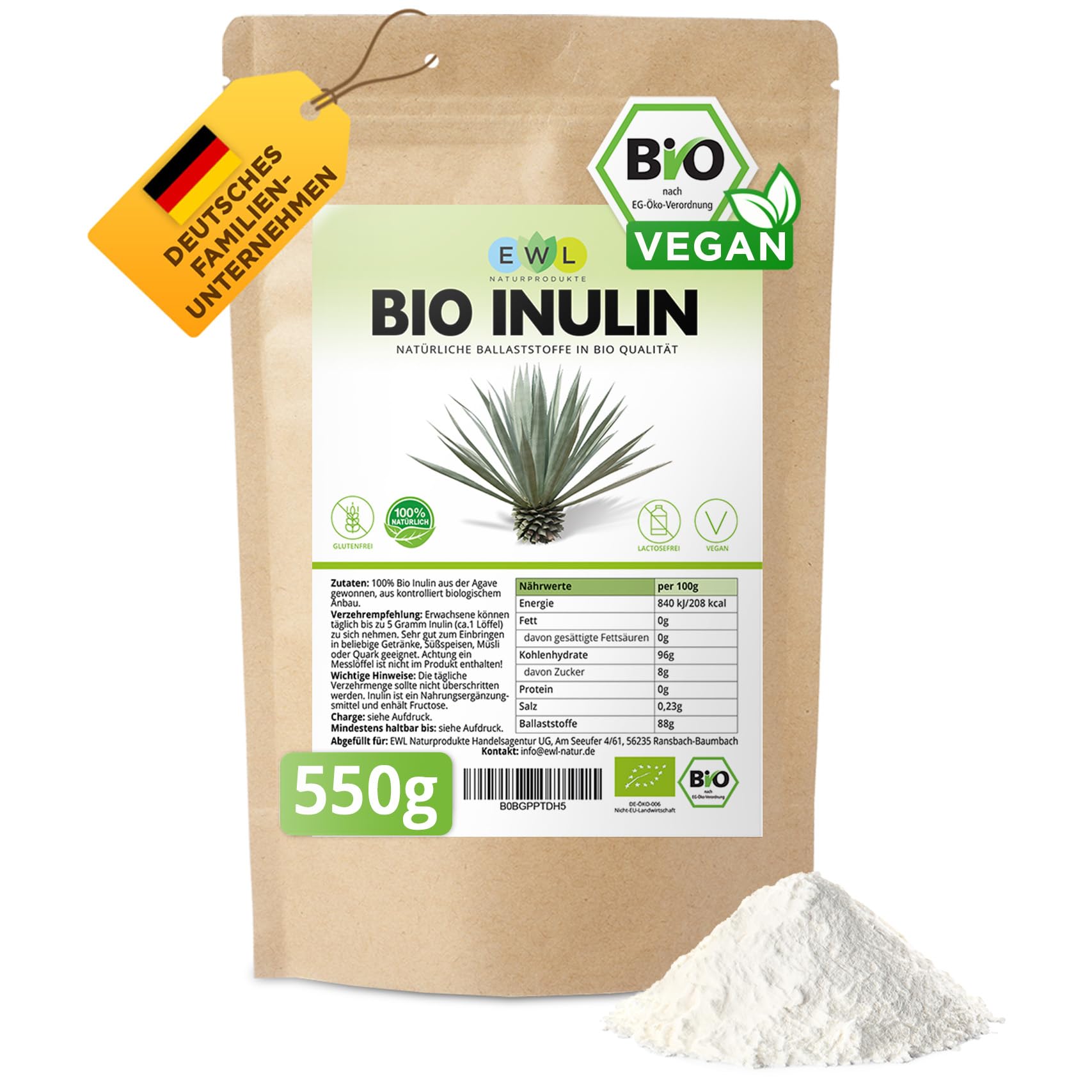 EWL Naturprodukte Inulin Pulver BIO 550 g, Ballaststoffe Pulver aus Agave gewonnen, Inulinpulver Bio aus kontrolliert biologischem Anbau