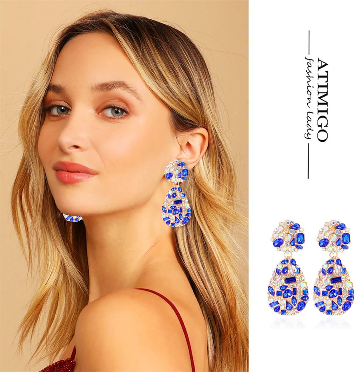ATIMIGO Rhinestone Teardrop Dangle Earrings Trendy Crystal Drop Statement Earrings hypoallergenic Chandelier Fashion Earrings for Women - Image 3