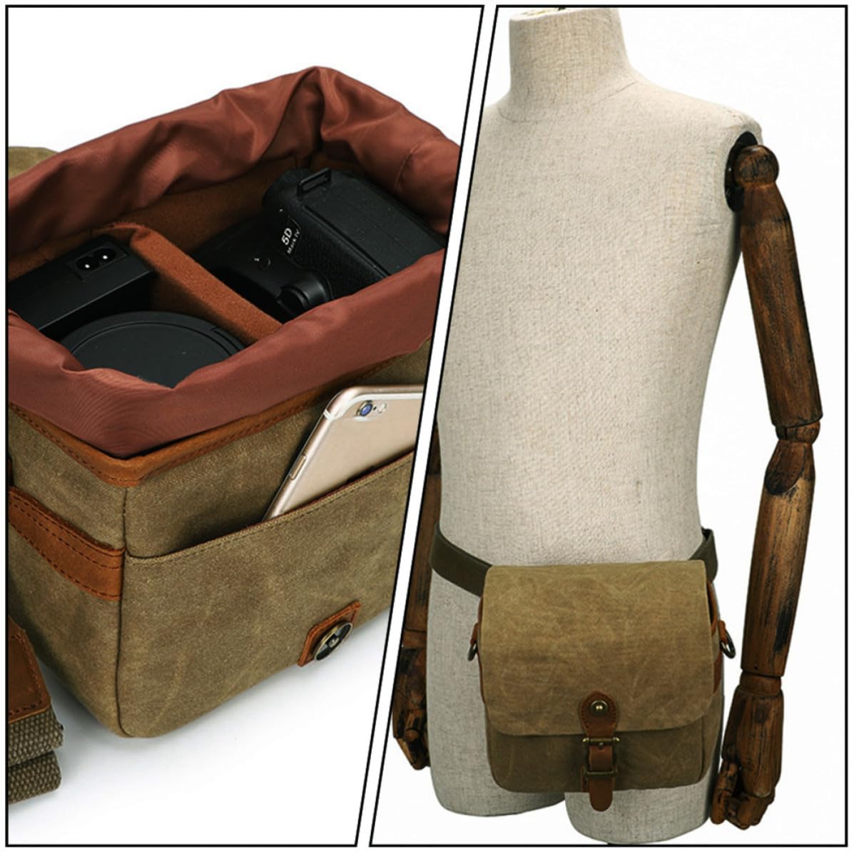 Hemobllo Bolsa Portátil para Cámara de Lona Khaki, Ligera y Compacta, Adecuado para Transportar Cámaras Mirrorless en Viajes y Fotografía Diaria