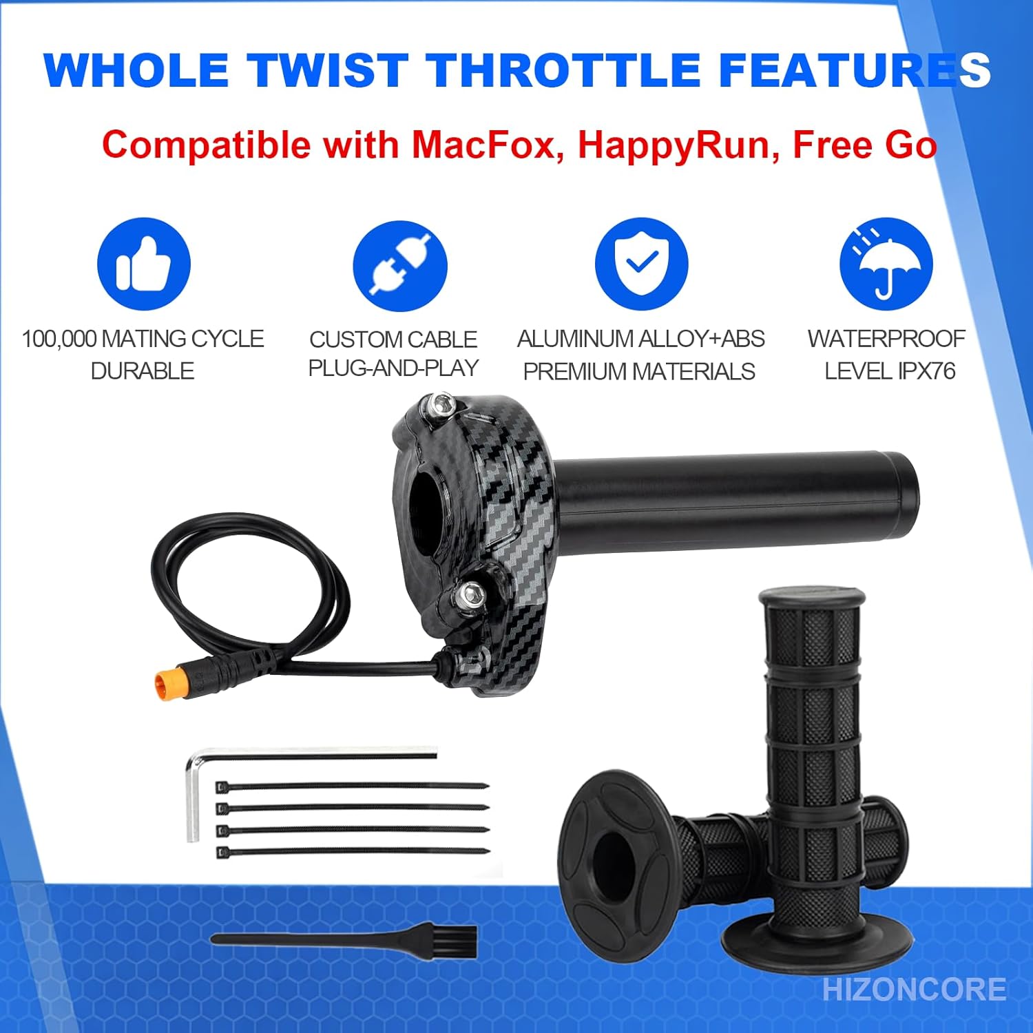 Ebike Full Twist Throttle for Macfox, 3 Pin Surron Style Throttle Grip Kit 12V-72V Compatible with HappyRun Freego Heybike Electric Dirt Bike