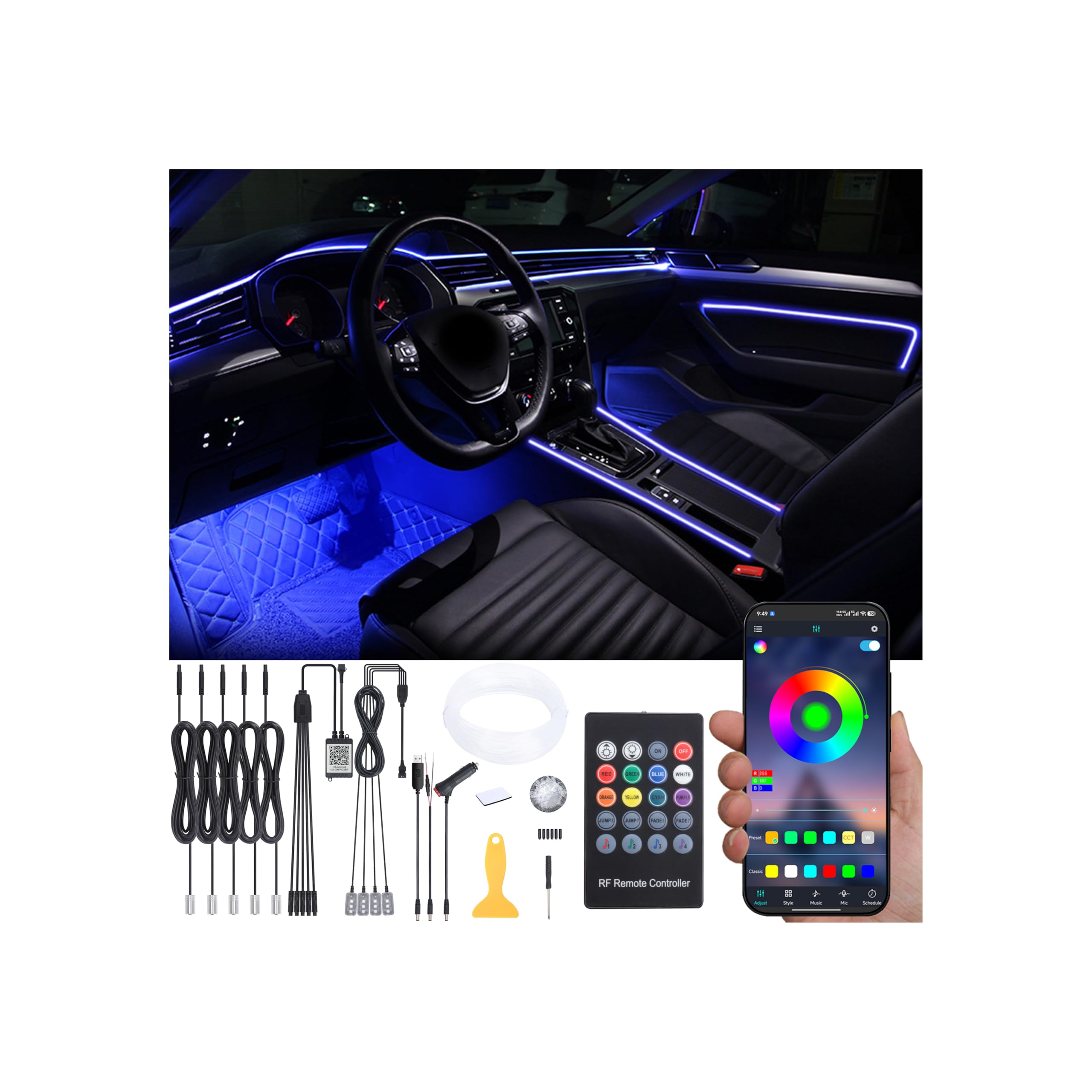 Lumières de Bande intérieure de Voiture, 5 en 1 Kit d'éclairage ambiant Voiture Multicolore RVB Footwell, Lumière de Tube néon à Fibre Optique EL de 6m, Sync Musique Télécommande RF + APP 12V