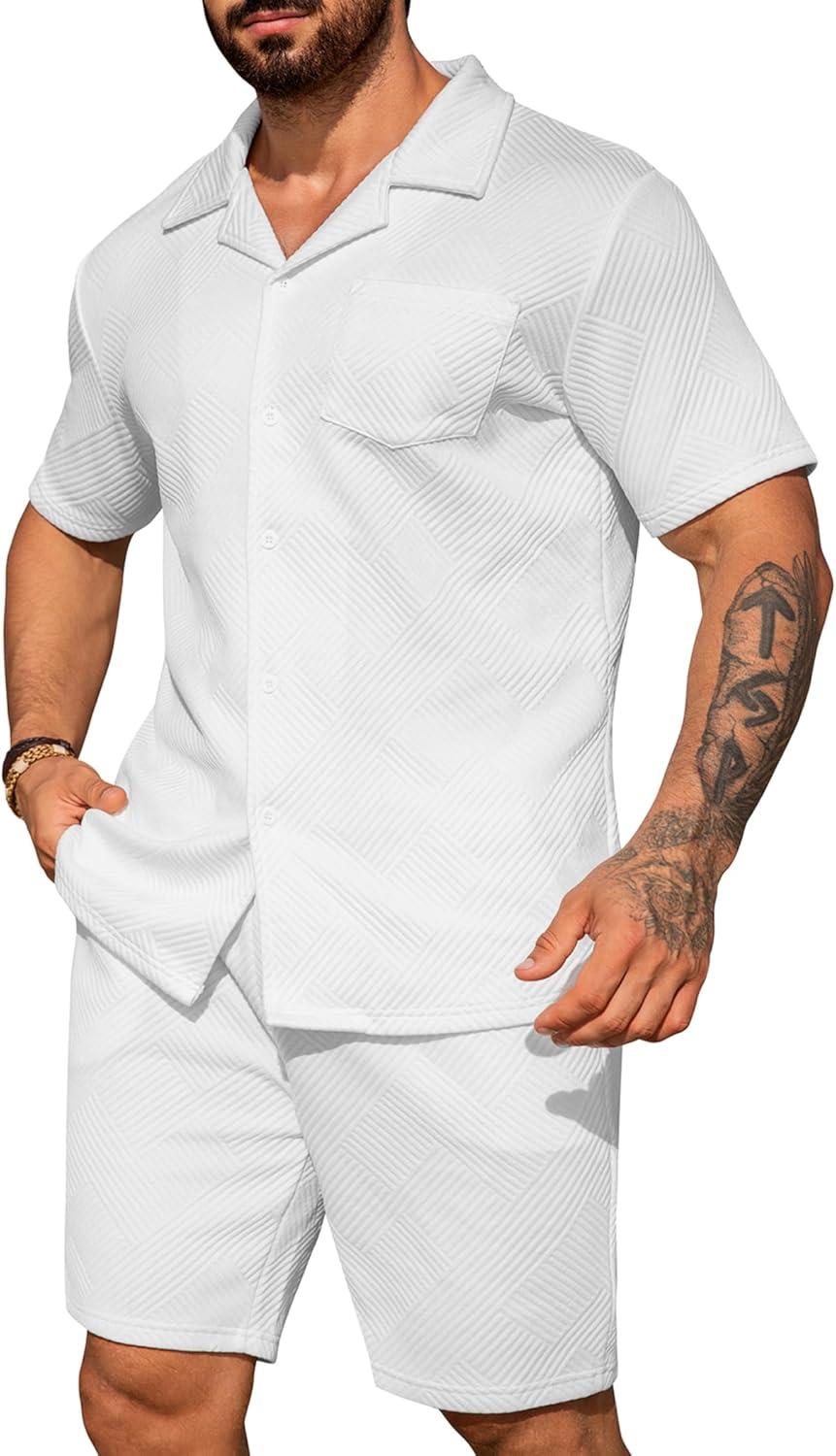 URRU Mens 2 Piece Outfits Summer Casual Texture Beach Short Sleeve Button Down Shirts and Shorts Set with Pocket