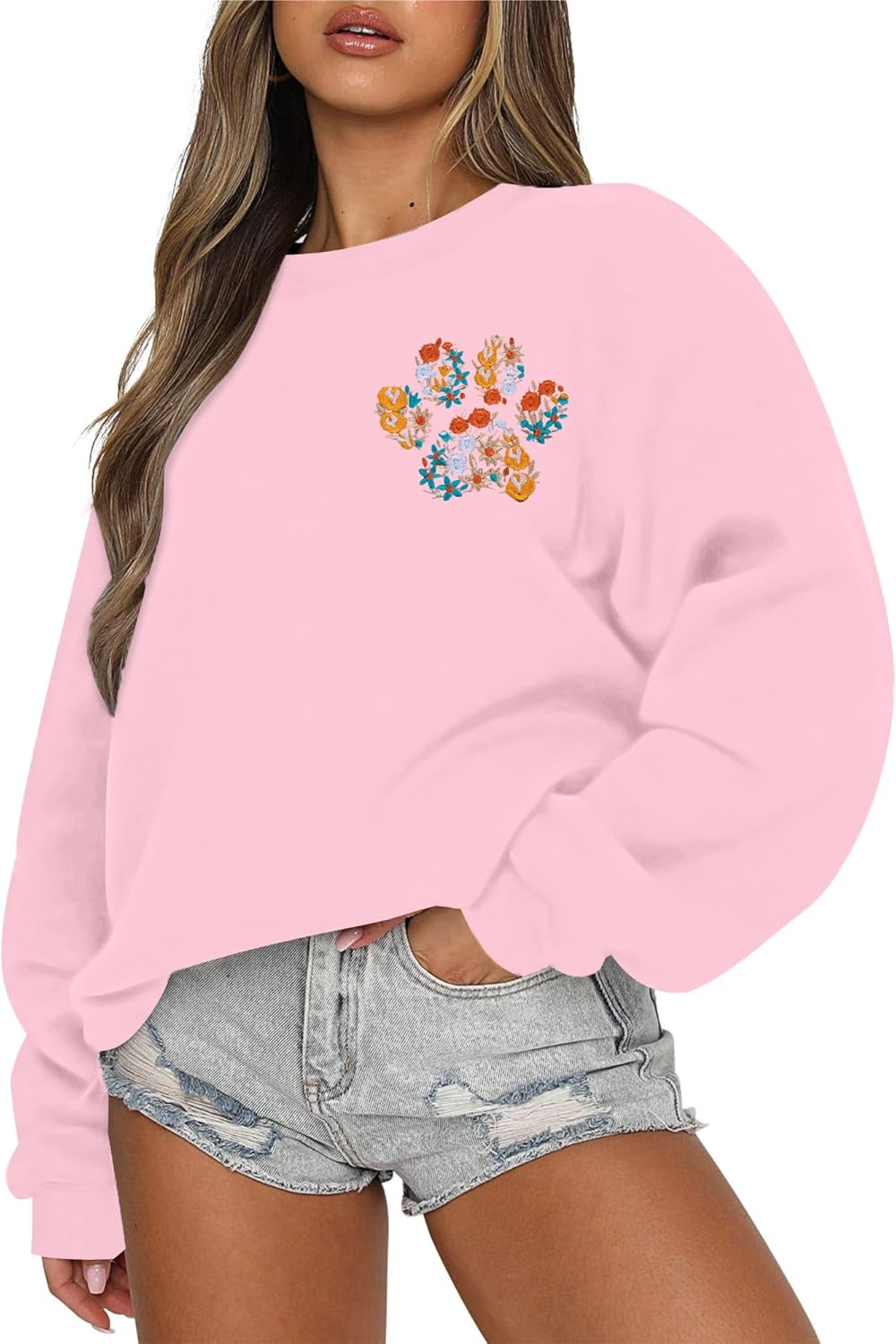HEBBE Dog Mom Sweatshirts For Women Floral Dog Paw Sweatshirt Embroidered Paw Pullover Tops Oversized Sweater
