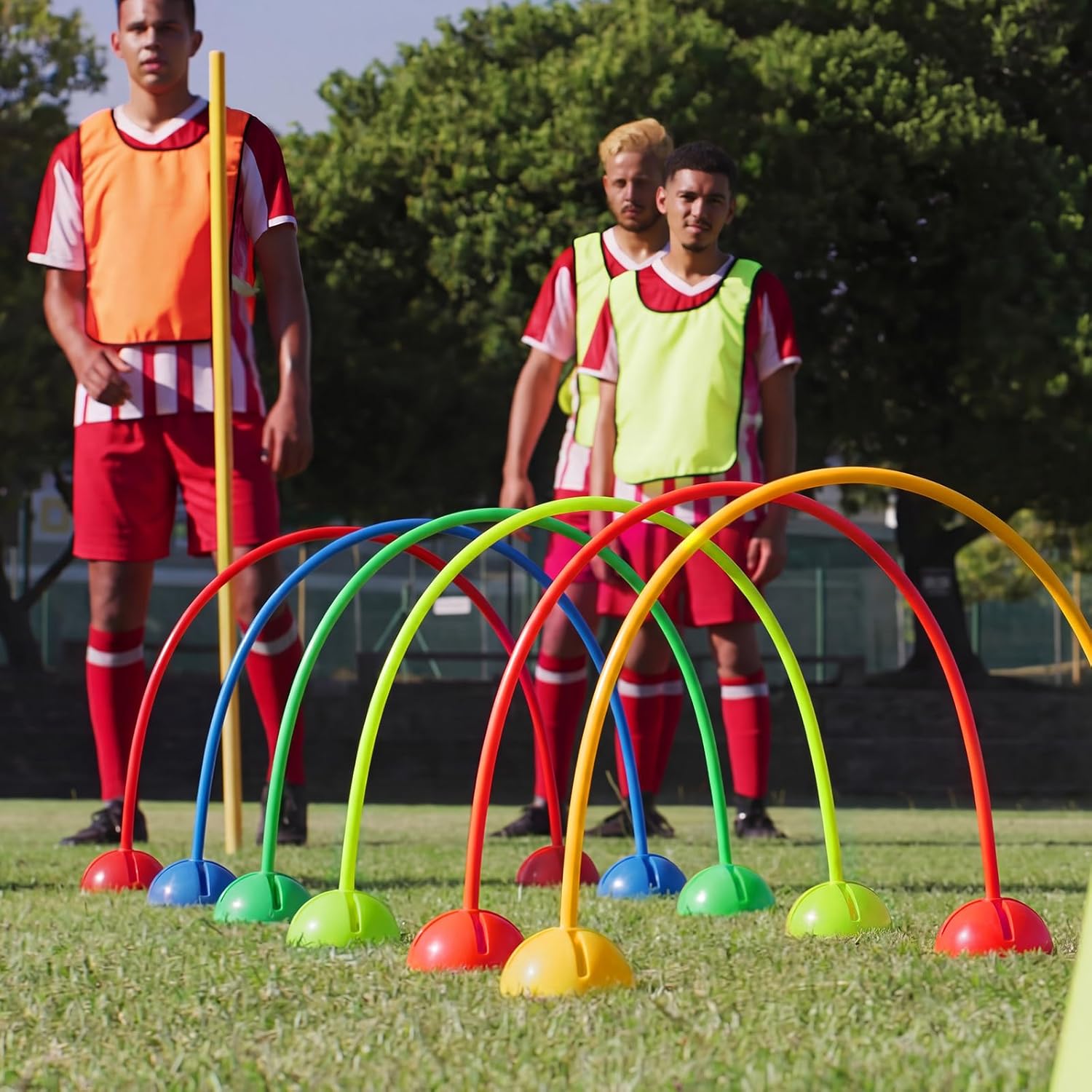 Hiboom 6 Set Multi-Dome Arch Gates Set Include 6 Obstacle Course Arch Gates with 12 Domes Base Rainbow Color Sport PE Equipment for Adult Obstacle Course Outdoor Backyard Lawn Sports Games