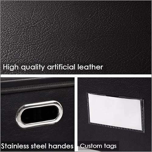 Miniatura 10 de PRANDOM Contenedores de almacenamiento plegables con tapas, paquete de 3 cajas de almacenamiento plegables de tela de cuero, canastas organizadoras