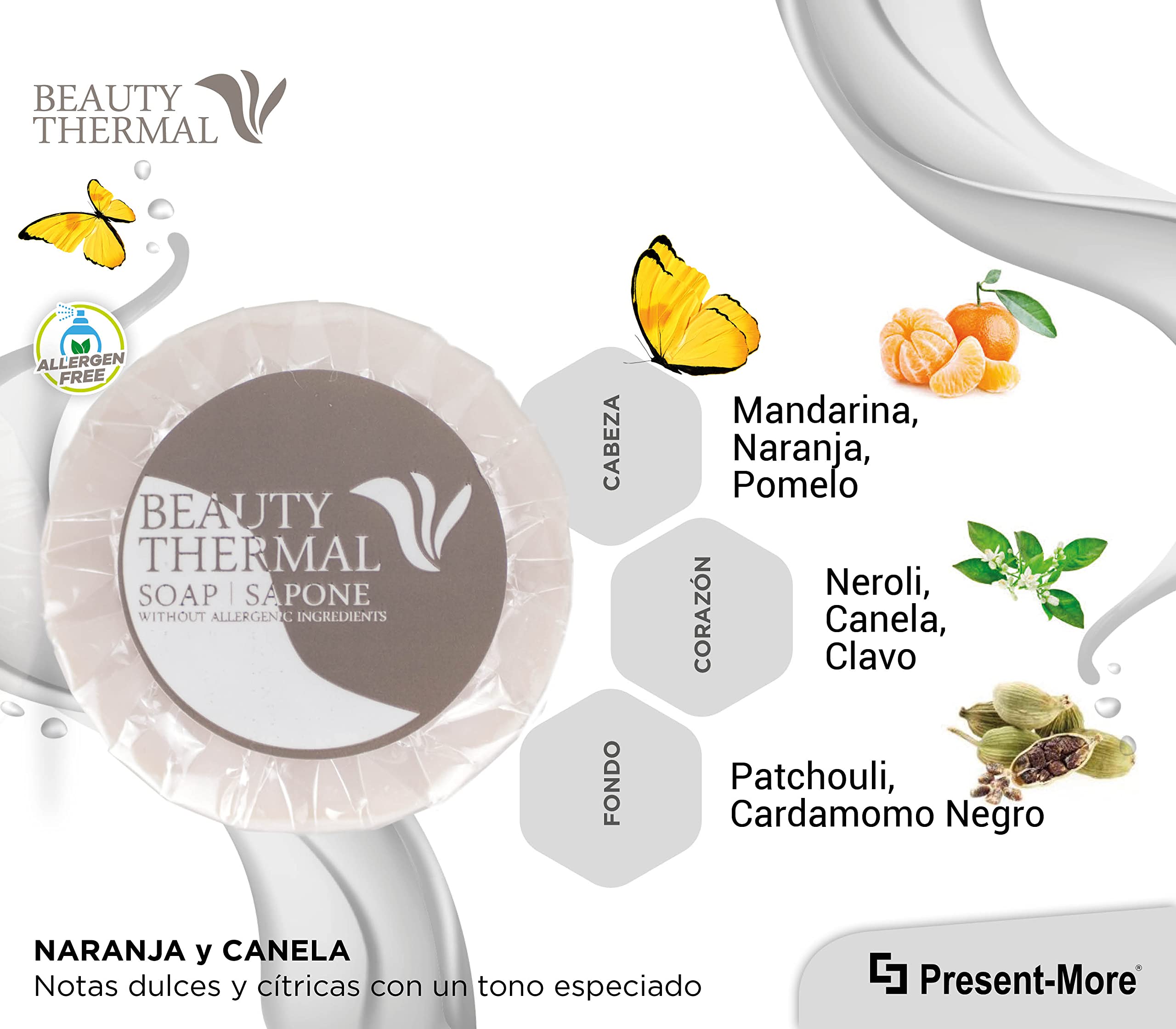 Present-More Jabon manos 25gr Beauty Thermal - Soap 250 unidades para Hoteles y B&B | Jabon sin alérgenos con fragancia Arancia y Canela