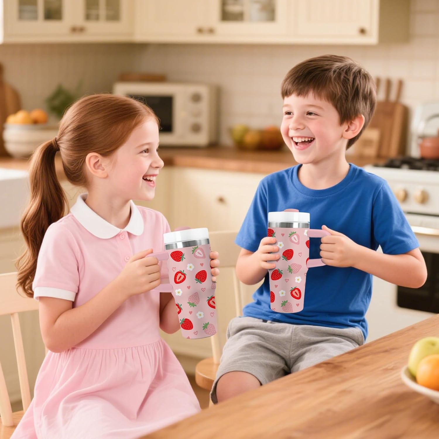 Strawberry Gifts for Girls - 14oz Cute Strawberry Kids Tumbler with Handle and Straw, Stainless Steel Insulated Water Cup, for School, Travel - Strawberries Themed Children Birthday Gifts Cups(1pc) - Image 5