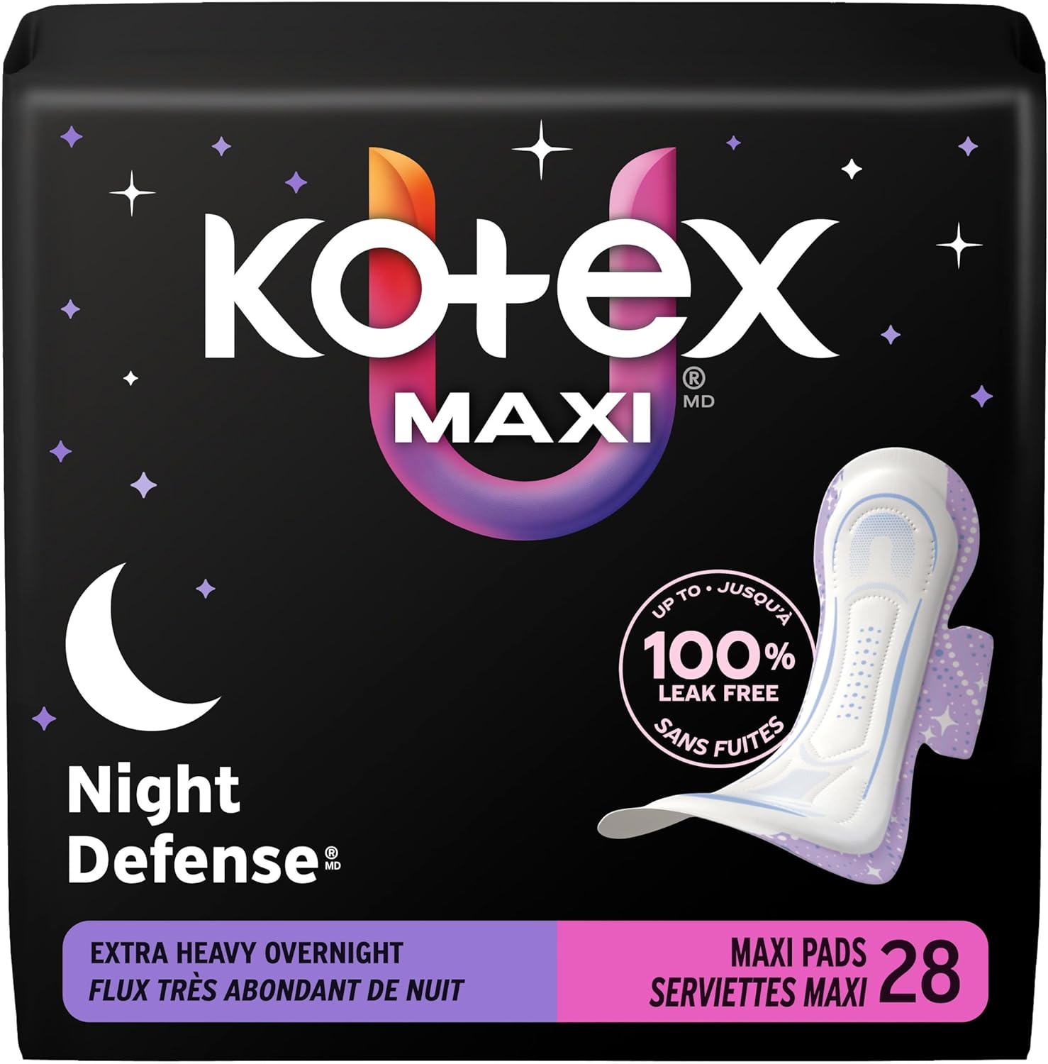 Kotex Overnight Maxi Pads with Wings, Extra Heavy Absorbency, 28 Count (Packaging May Vary)