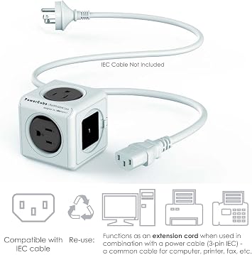 Global Travel Outlet Extender Allocacoc PowerCube Rewirable USB, 4 AC sockets 2 USBs, 4 Interchangeable Plugs (US/UK/EU/AU) Works in 100+ Countries Convertible for Home or Travel Grey
