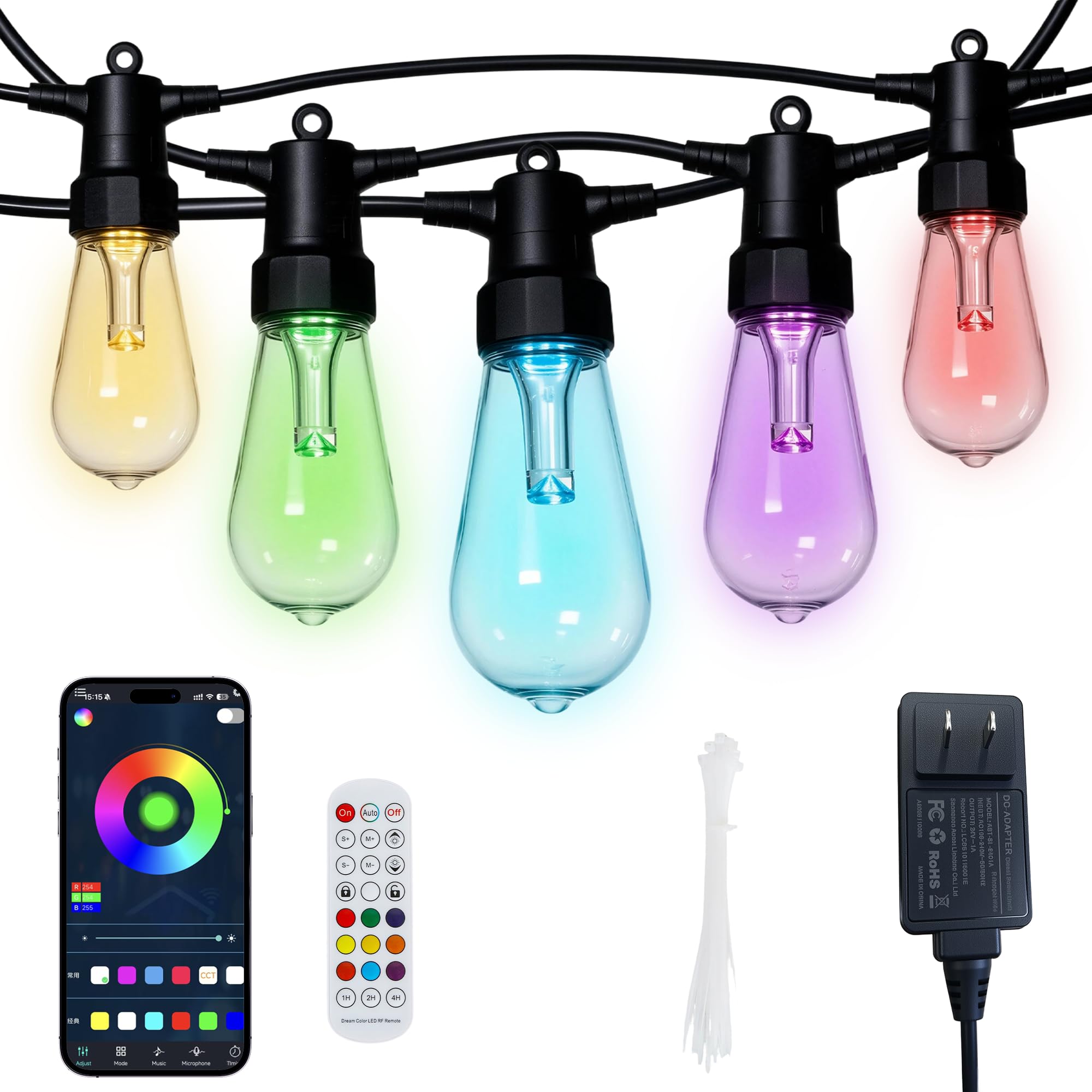LED Lichterkette Außen ST48 15 m mit 20 LED-Lampen, LotusLamp X App & Fernbedienung, RGB Farbwechsel, IP65 Wasserdicht, Erweiterbar, LED Außenbeleuchtung für Garten, Terrasse & Balkon（50FT）