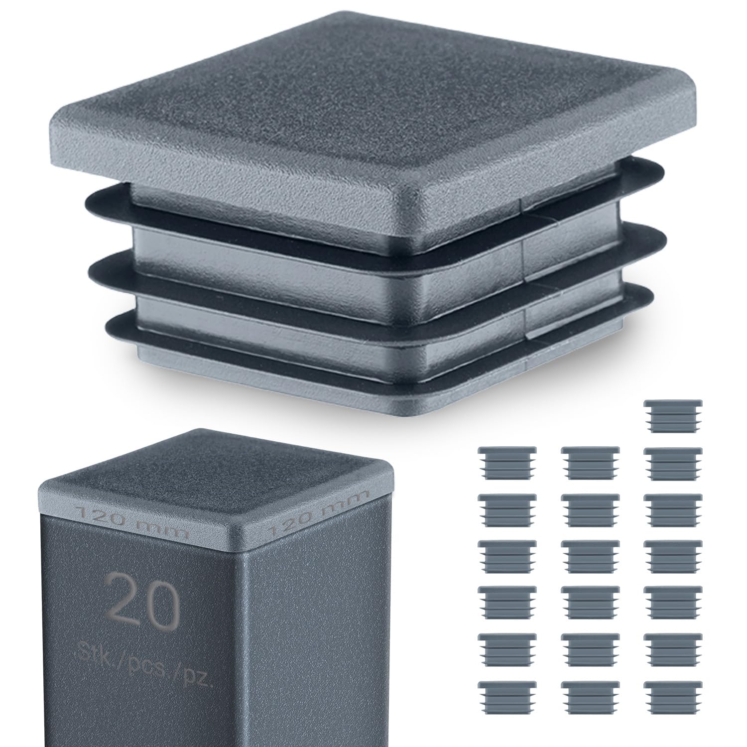 EMFA Square End Caps 120x120 mm – Plastic Tube Inserts for Steel Box Section – Anthracite Tube Plugs – 20 Pcs