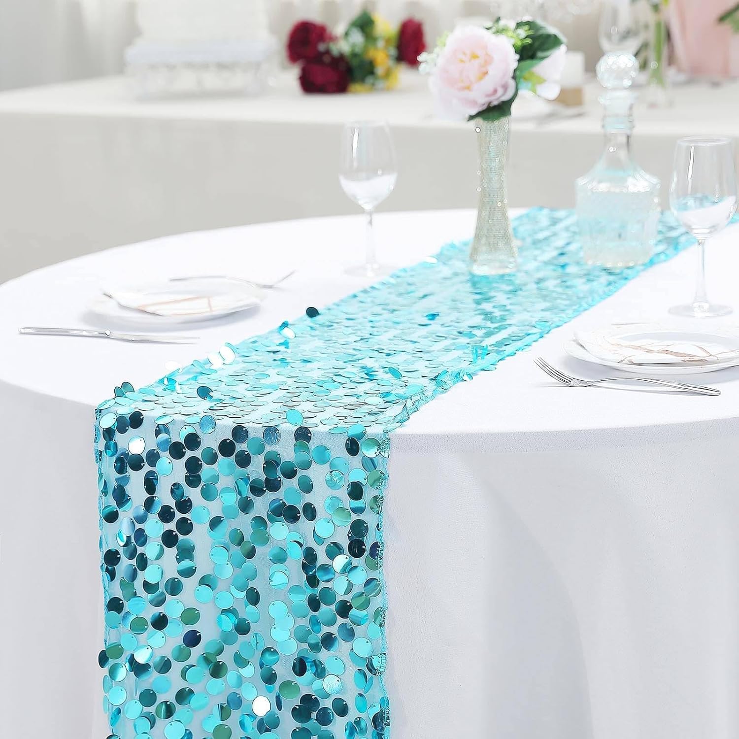 Efavormart Premium Turquoise Sequin Restaurant Table Top Runners for Weddings Birthday Banquets Decor Fit Rectangle and Round Table