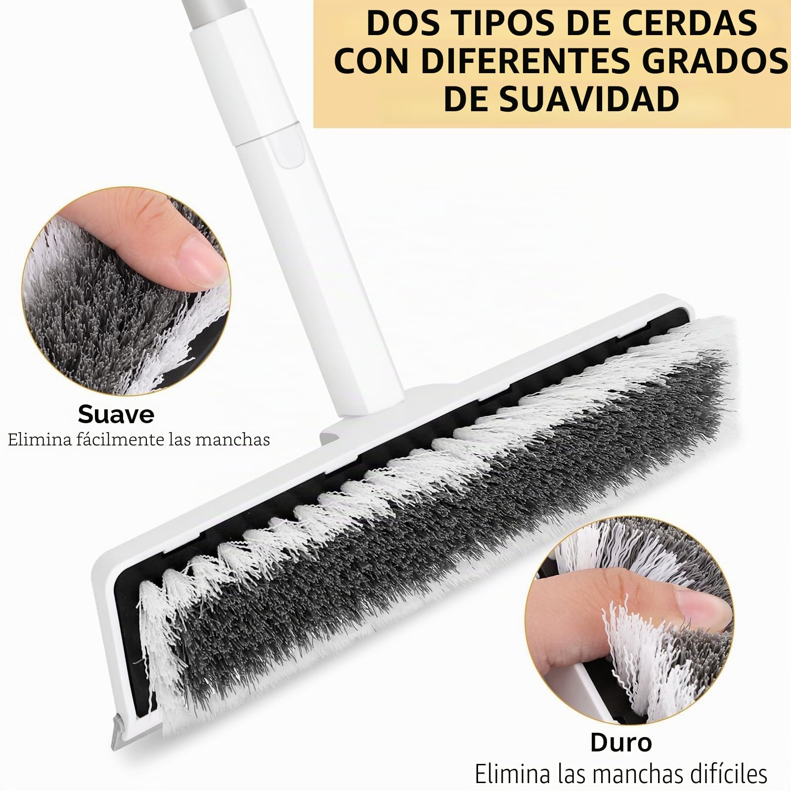 Cepillo con mango, cepillo de lavado 2 en 1 con extractor de suelo, cerdas rígidas de 9 pulgadas, cepillo de fregado con mango ajustable para limpieza en interiores, garaje, cocina, azulejos, pared