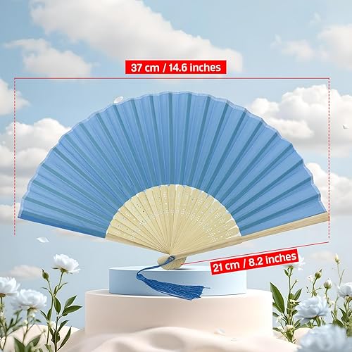 Miniatura 30 de FANSOF.FANS Abanico de mano plegable de mano de tela con borla de grado A, varillas de bambú para mujeres y niñas, fiesta de verano, eventos, Azul