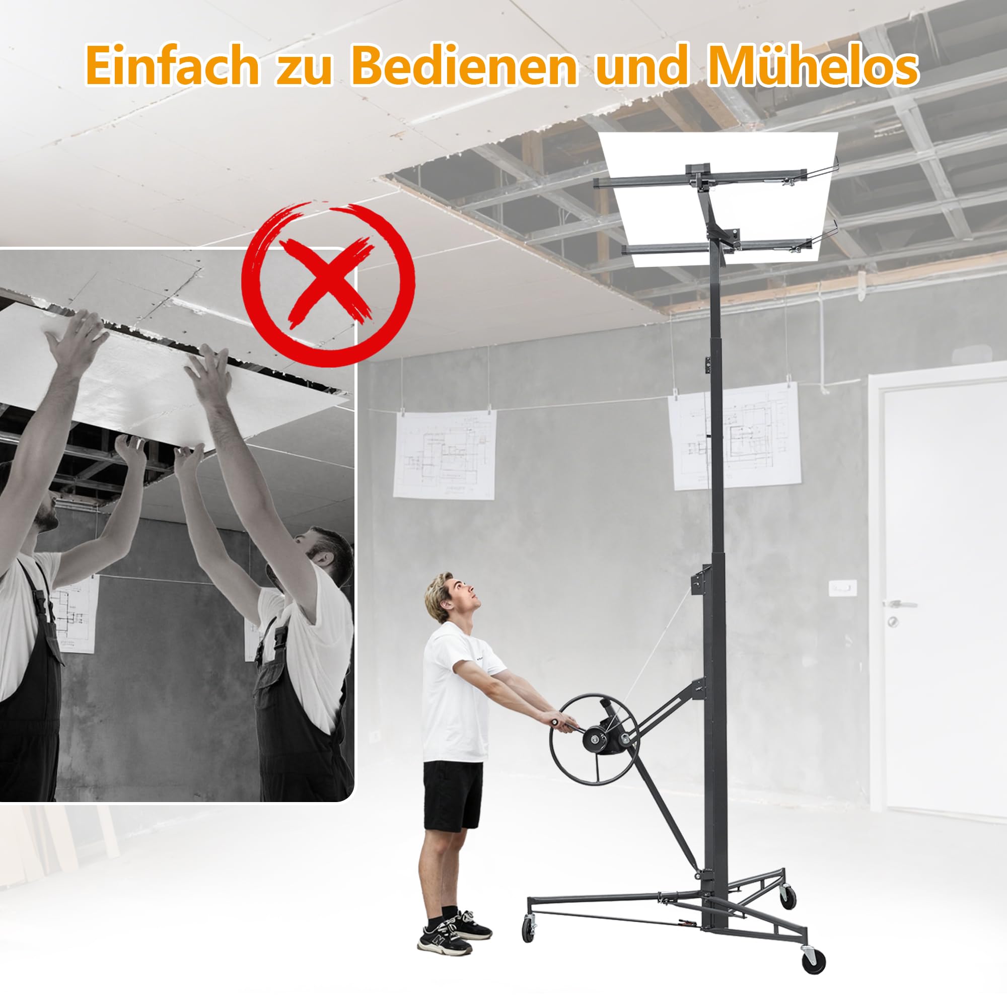 Plattenheber Trockenbau, Plattenlift Bis Max. 68 kg, Höhe 180-470 cm, 60-Grad-Neigung, mit 3 Bremsrädern, Hebevorrichtung Lastenheber für Decken und Wände, Grau, HD26041502