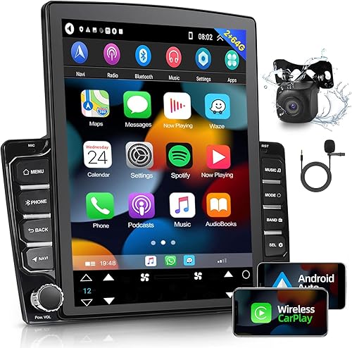 [2G+64G] Android 13 Doble Din Vertical Estéreo para Coche con Carplay Inalámbrico/con Cable y Android Auto, 9.7 pulgadas Pantalla Táctil Unidad