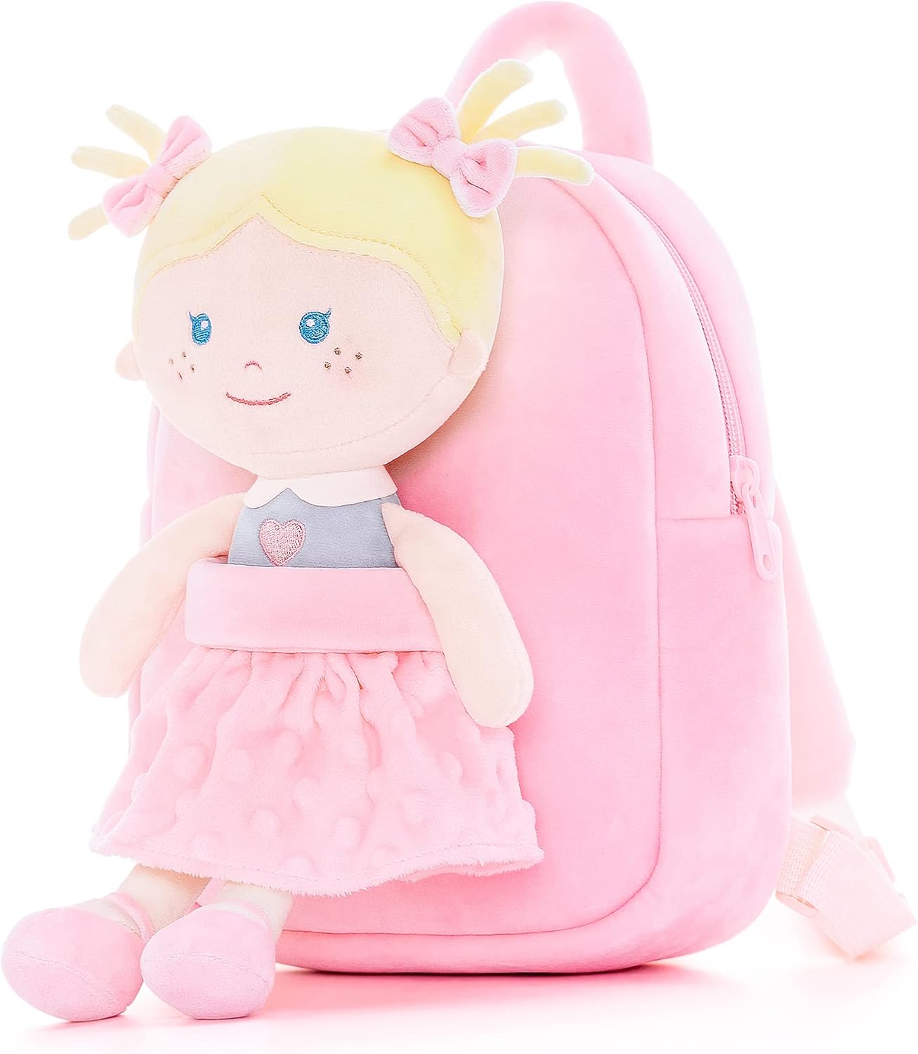 Onetoo Toddler Backpack Back to School Gifts for Girls Kids Backpacks with Soft Light Baby Dolls in Pink Polka Dots Dress 9.5"