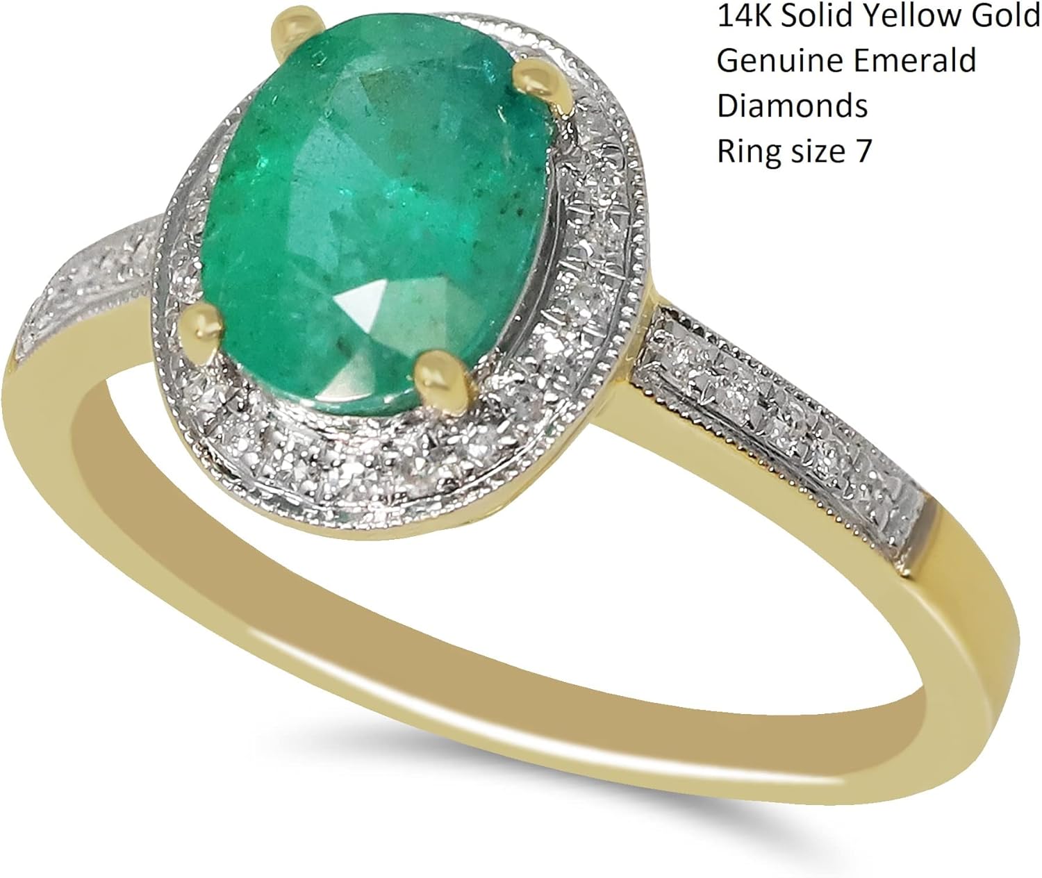 14K Yellow Gold Oval Genuine Emerald 1-1/6ct with Diamonds Ring, Size 7