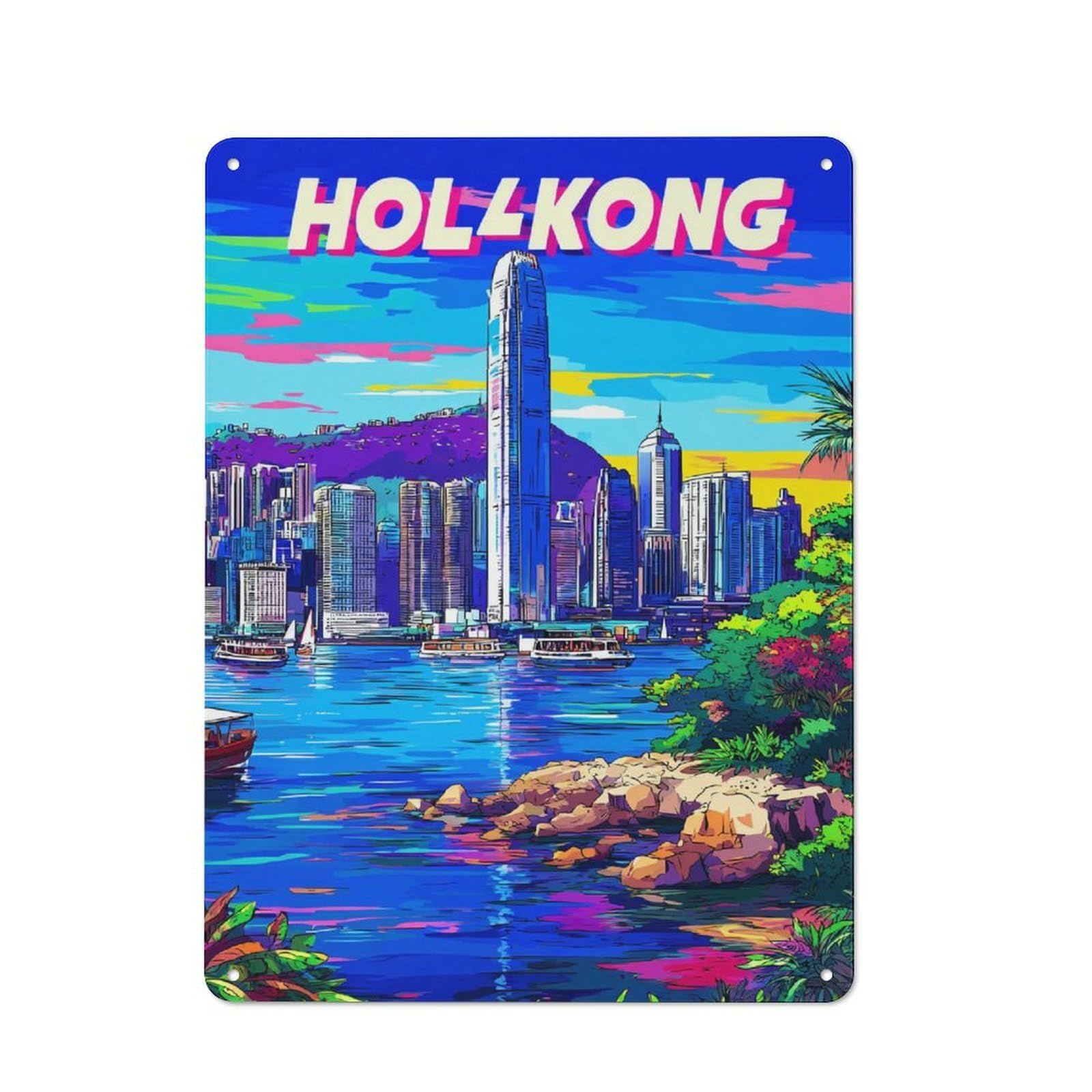 Junmoney Vibrant Hong Kong Cityscape -1 Modern Retro Metal Wall Decor 40X30cm, Metal Wall Sign For Loft, Studio, Office Or Creative Room