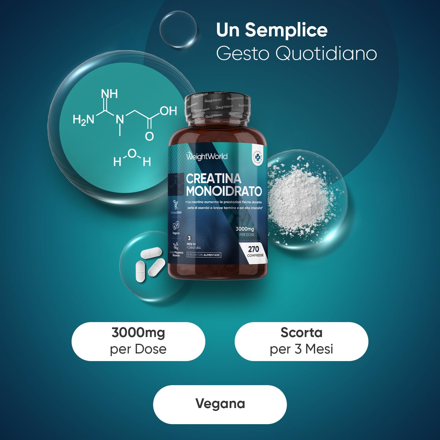 Creatina Monoidrata Vegana, 3000mg per Dose (3 Mesi di Scorta) Senza Magnesio Stearato, Uomini e Donne, Pre Workout, Intra, Post Workout, 270 Creatina Compresse Senza Glutine né Coloranti Artificiali
