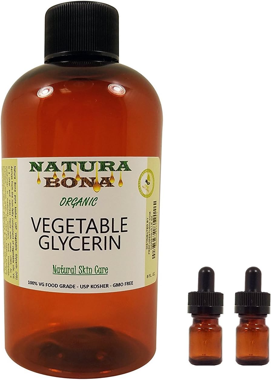 Non-GMO, Allergen-Free, Food-grade & USP Kosher Vegetable Glycerin Oil. Great for Hair & as a Skin Moisturizer. BPA free 8oz PET Bottle, 2 Empty 5ml Amber Glass Droppers