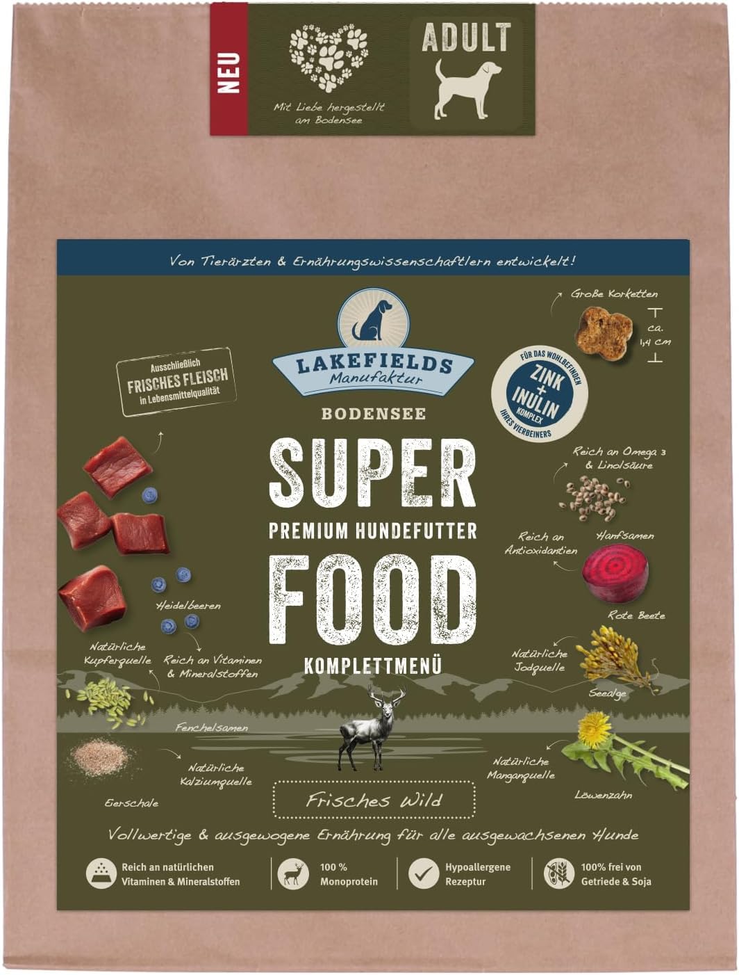 LAKEFIELDS MANUFAKTUR - SUPERFOOD - sucha karma dla psów premium, dzika 61%, sucha karma bez zbóż dla dorosłych psów, pojedyncza karma z dziczyzną, nasionami konopi i burakami, wymiary: 2 x 2,5 kg