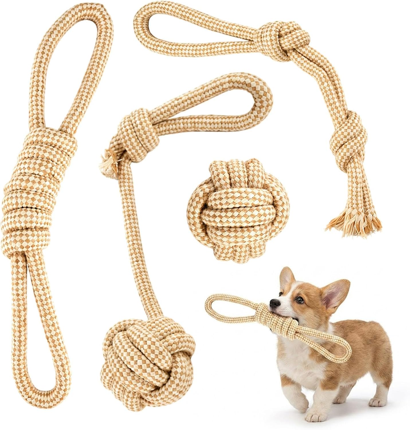 Dog Rope Toy Set 4 Pack, Rope Toys for Dogs & Chew Gear for Aggressive Chewers, Tug of War Dog Toys for Boredom, Puppy Essentials Teething Gadgets for Small Puppies, Teeth Cleaning