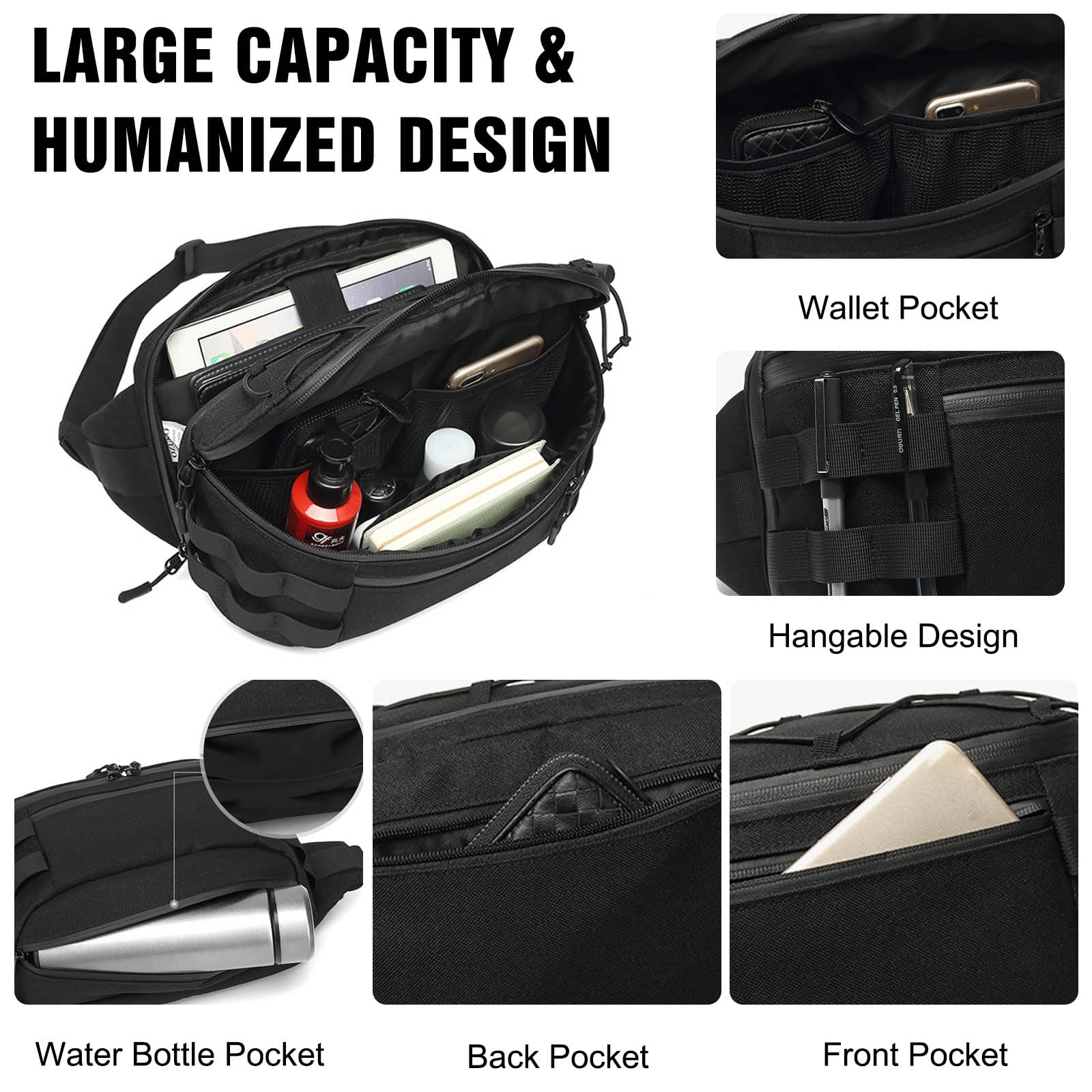 FANDARE Ultraléger Sac Poitrine Homme Sacs Bananes de randonnée Sacoche Sac à Bandoulière Sacs Banane Running Sac Banane pour Homme Sacs à Dos porté Travers Sac d'Epaule Moto Sling Bag Noir